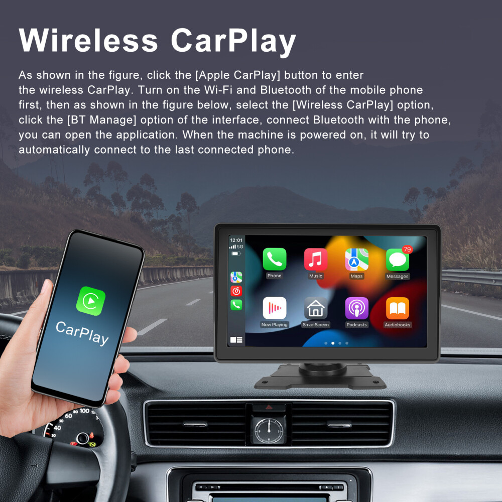 7” Portable Wireless Apple CarPlay Android Auto Stereo Touch Screen Car Radio