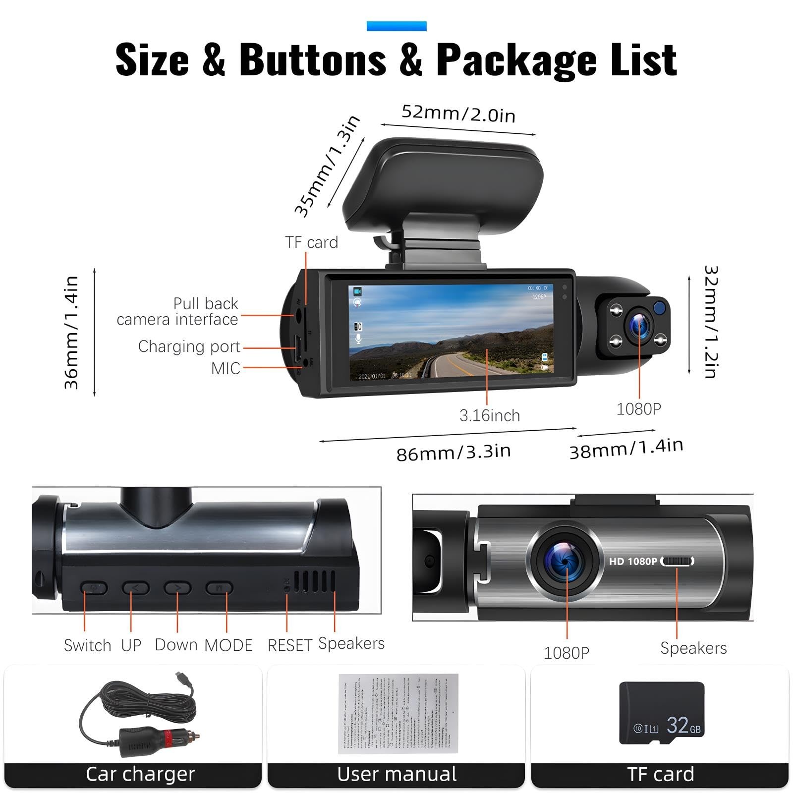 CAMECHO Dual Dash Cam 1080P Front & Inside, IR Night Vision, Loop Record, G-Sens