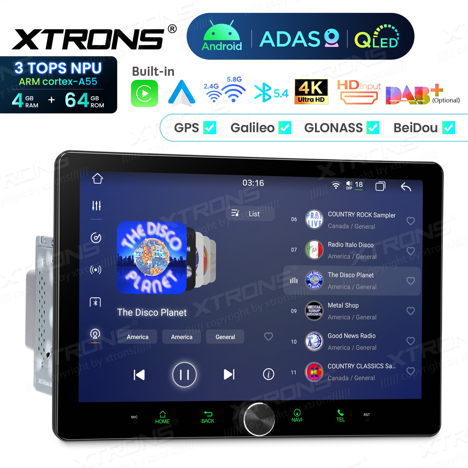 10.1″ QLED 2 DIN AI NPU Android 14 Car Radio Stereo 4+64G CarPlay ADAS Dash CAM
