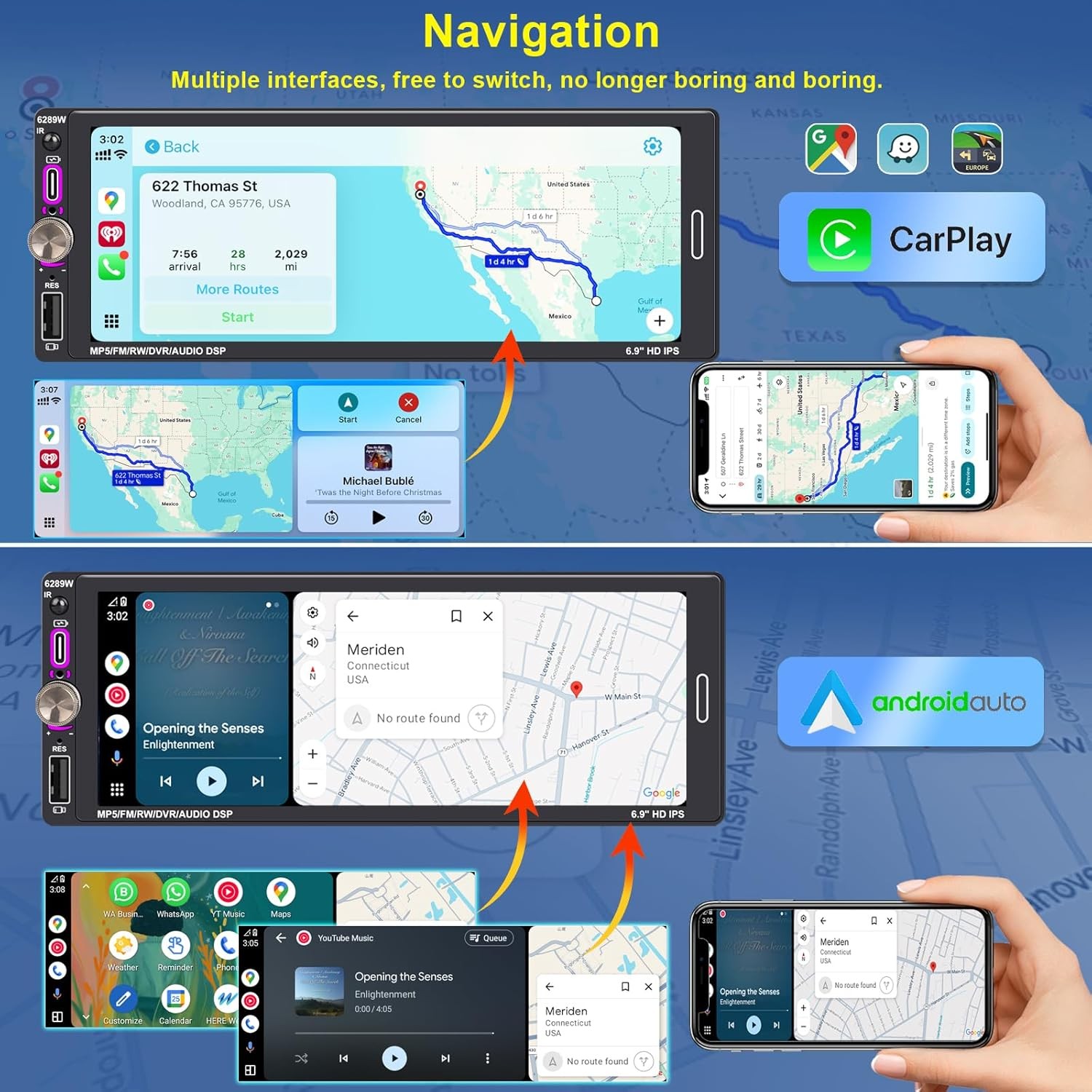 6.9″ Single DIN Car Radio with Wireless Apple Carplay, Car Bluetooth 5.2, AM FM