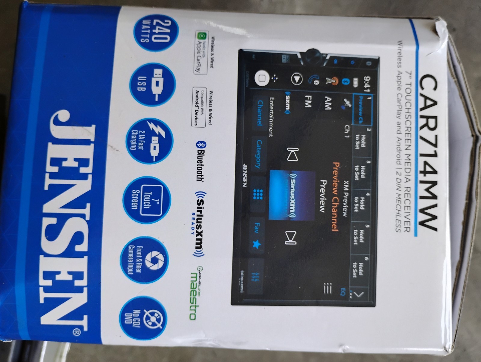 Car radio Jensen with harness and Sirius XM Connect Tuner. 7 inch touchscreen.