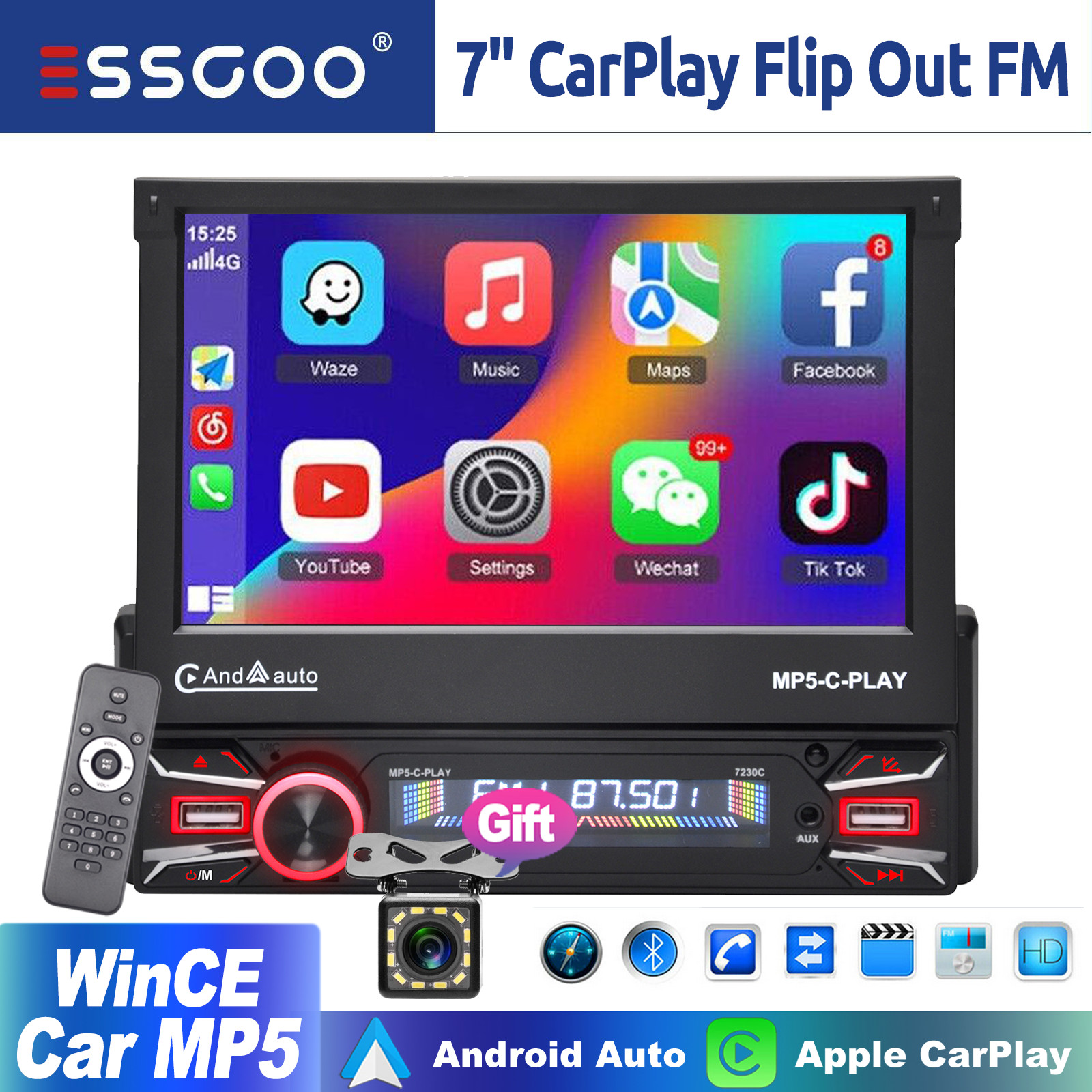 Flip Out 7” Single 1 Din Car Stereo Head Unit CarPlay/Android Auto Touch Screen