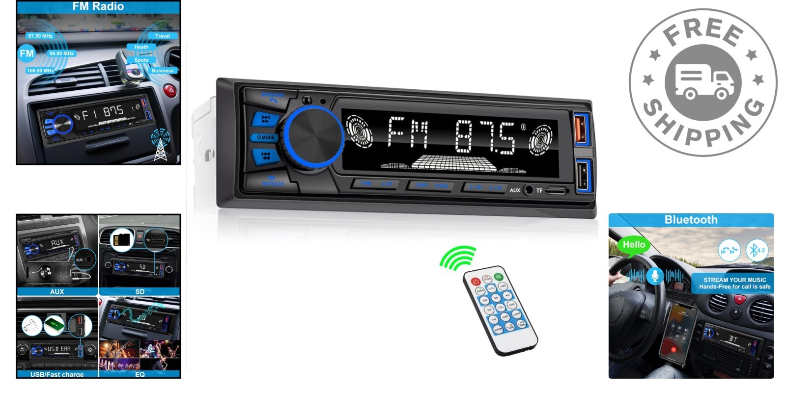 Compact Bluetooth Car Radio with FM, USB Fast Charge & Wireless Remote Control