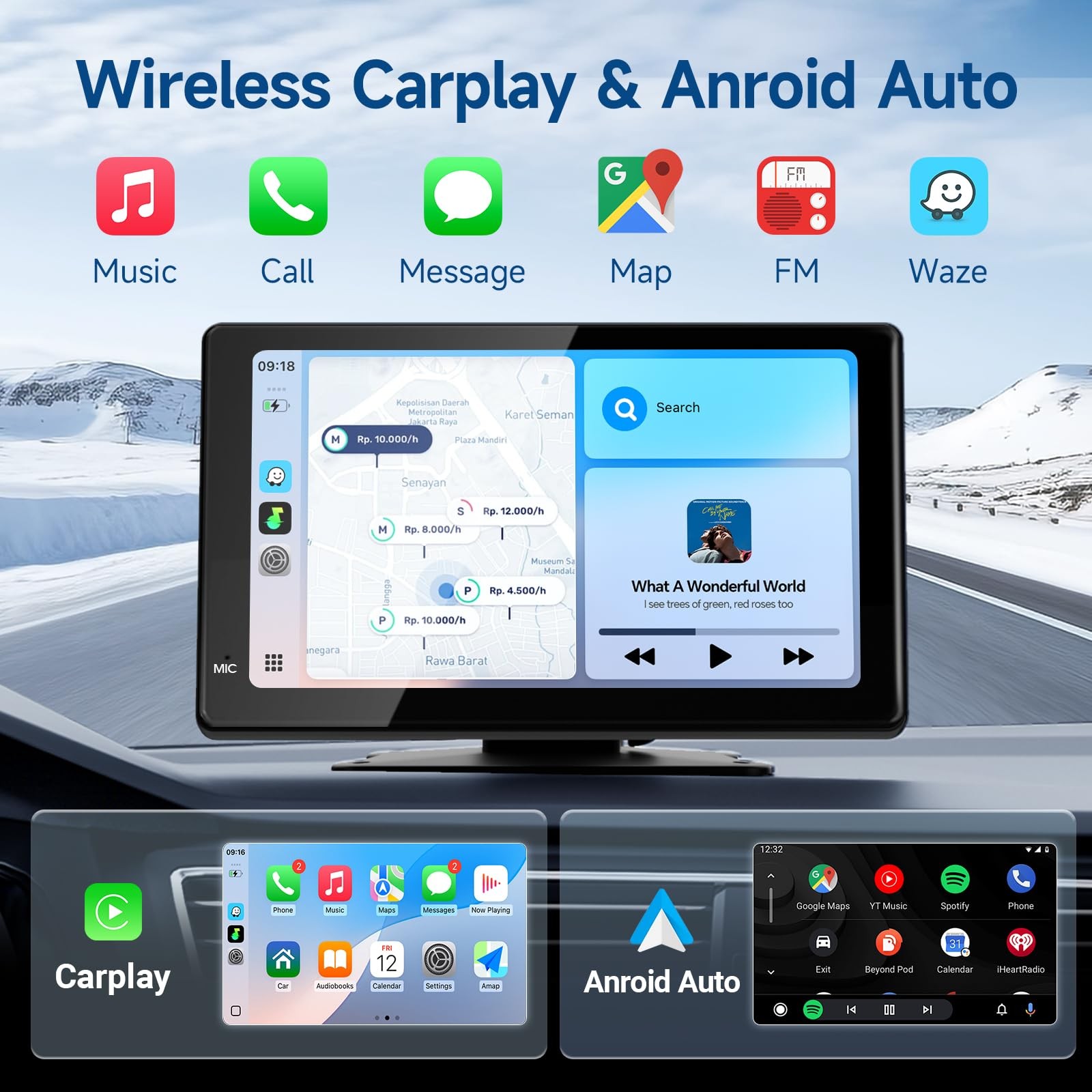 Estéreo Inalámbrico Para Coche Pantalla Táctil HD 7″ con CarPlay y Android Auto