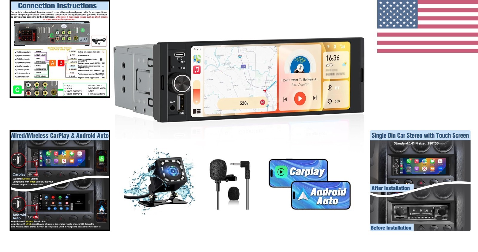 Universal Single Din Car Stereo with Wireless CarPlay & Android Auto, 6.36 In…