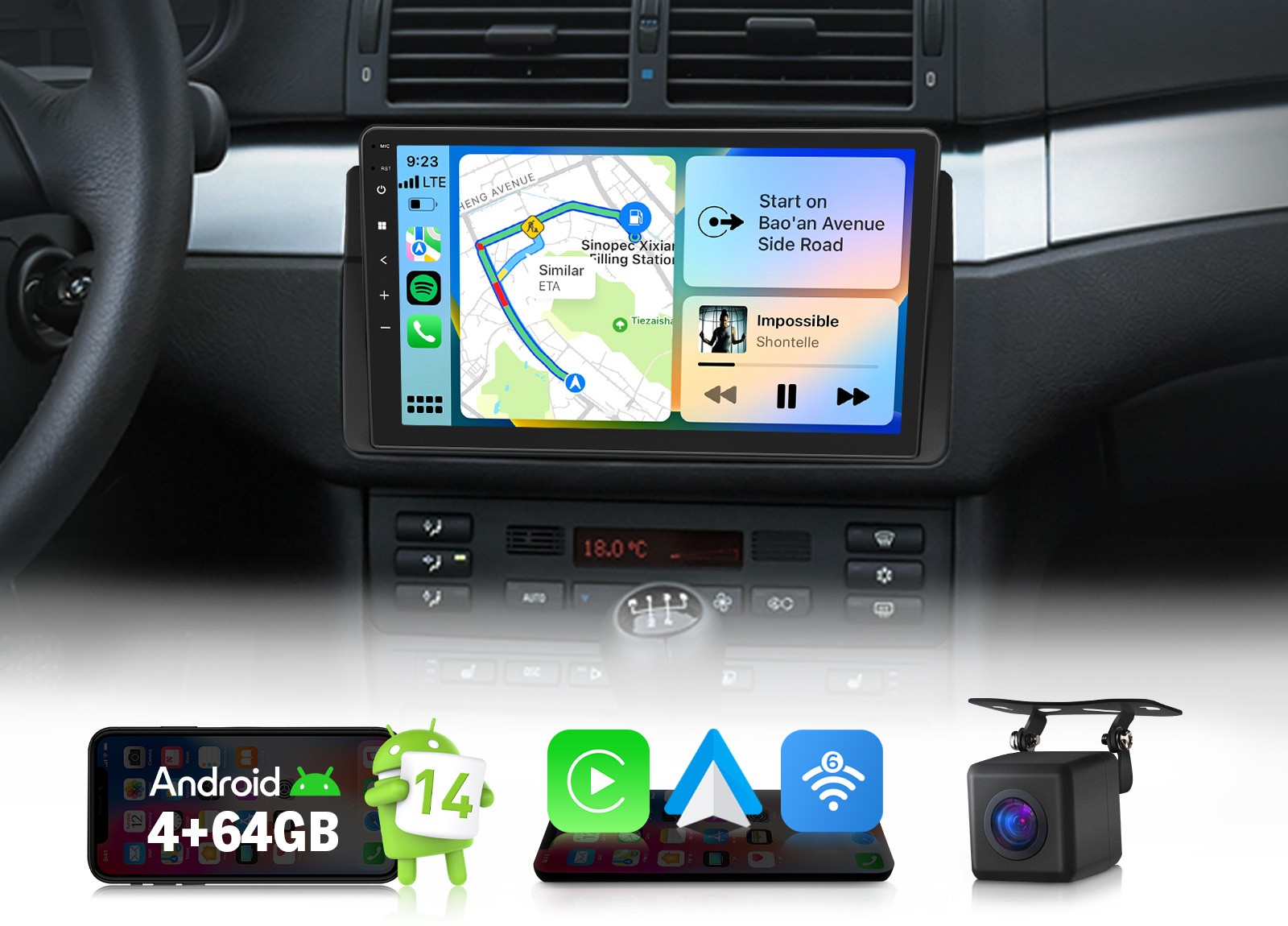 For BMW 3 Series E46 330i 9″ Android 14 4+64 Car Stereo Wireless CarPlay GPS DSP