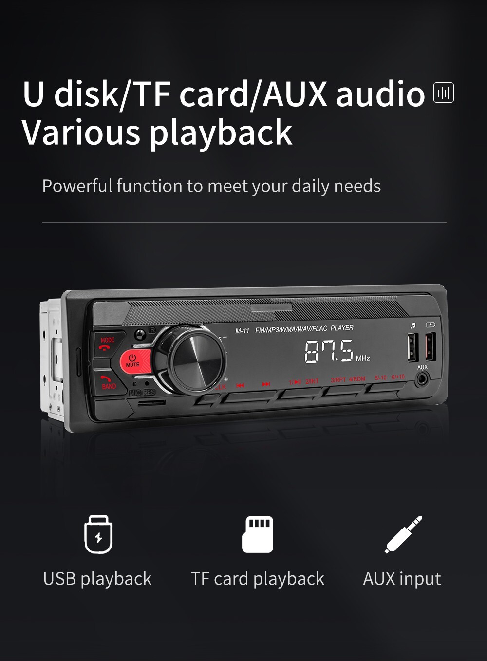 1 Din Fixed Panel Colorful Lights Car Radio Stereo Receiver Usb Aux TF BT FM Mp3