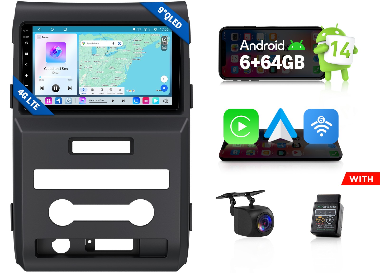 For Ford F150 2009-2014 9″ QLED Android 14 Car Stereo CarPlay 6+64 DSP Audio GPS