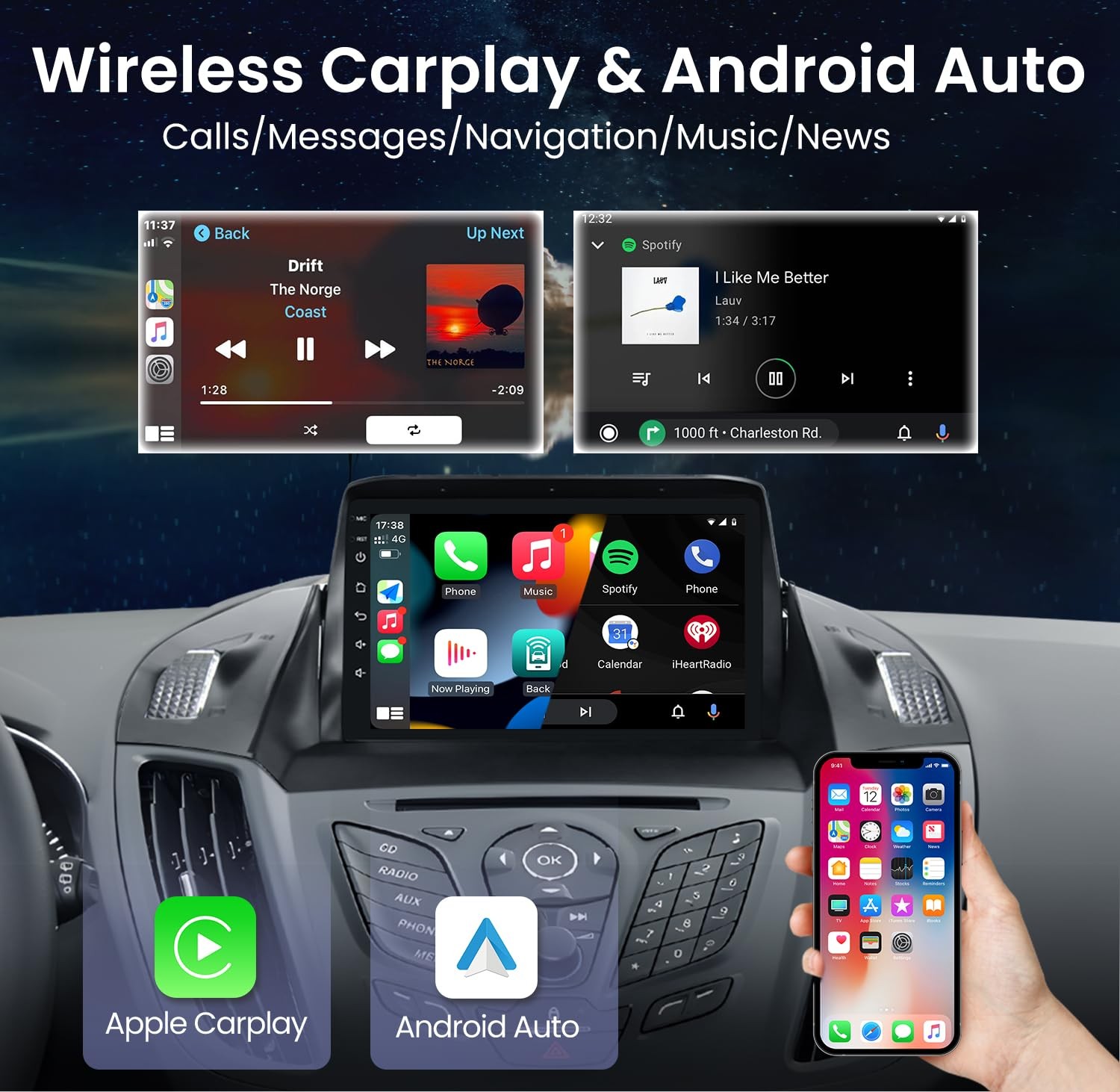 4+64G For Ford Escape 2013-19 Android AUTO Car Radio Stereo Carplay Nav 1280*800