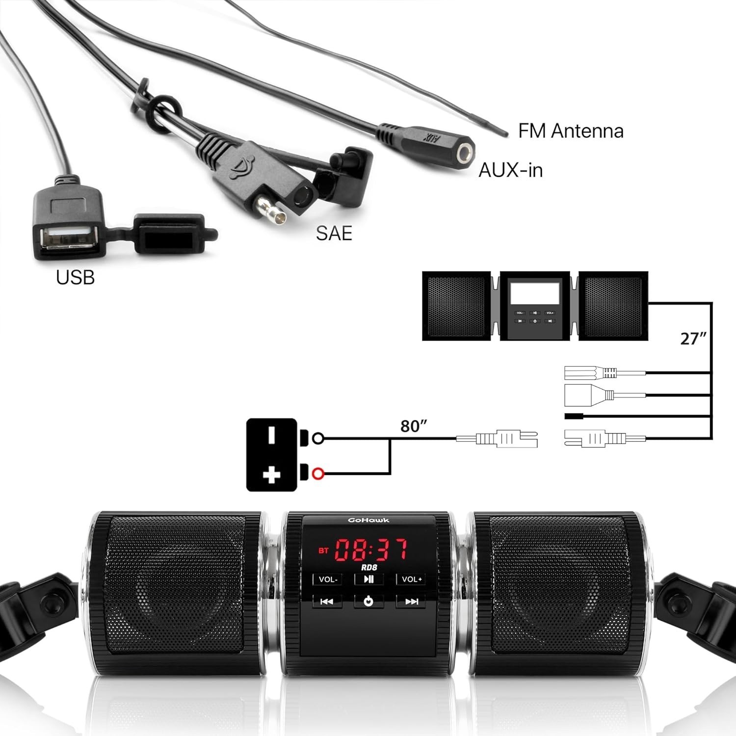 Waterproof Bluetooth Motorcycle Speakers Audio System FM AUX USB Handlebar