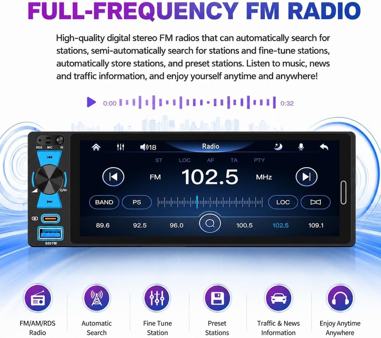 Single Din Car Stereo, 6.5 Inch in-Cell Touch Screen, Wireless Apple CarPlay And
