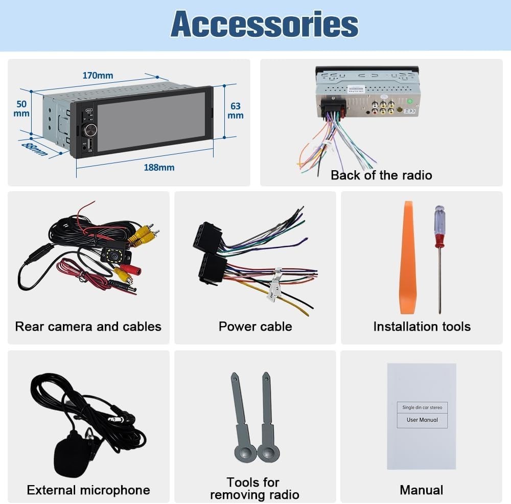 6.36 Inch IPS Touch Screen Car Stereo with Bluetooth, Backup Camera & Microphone