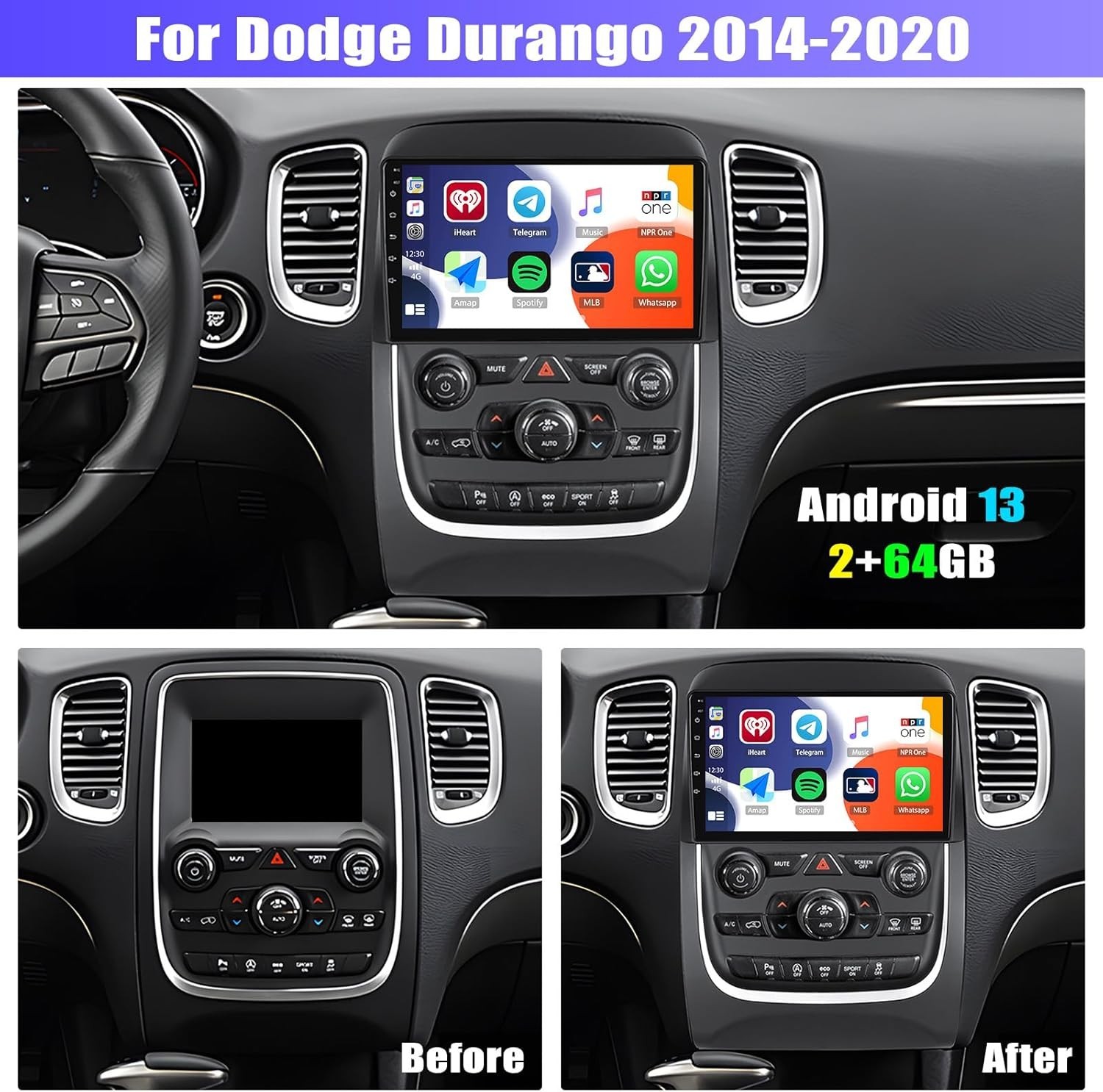 9″ 64GB Android13 Car Stereo Radio CarPlay GPS Navi For Dodge Durango 2014-2020