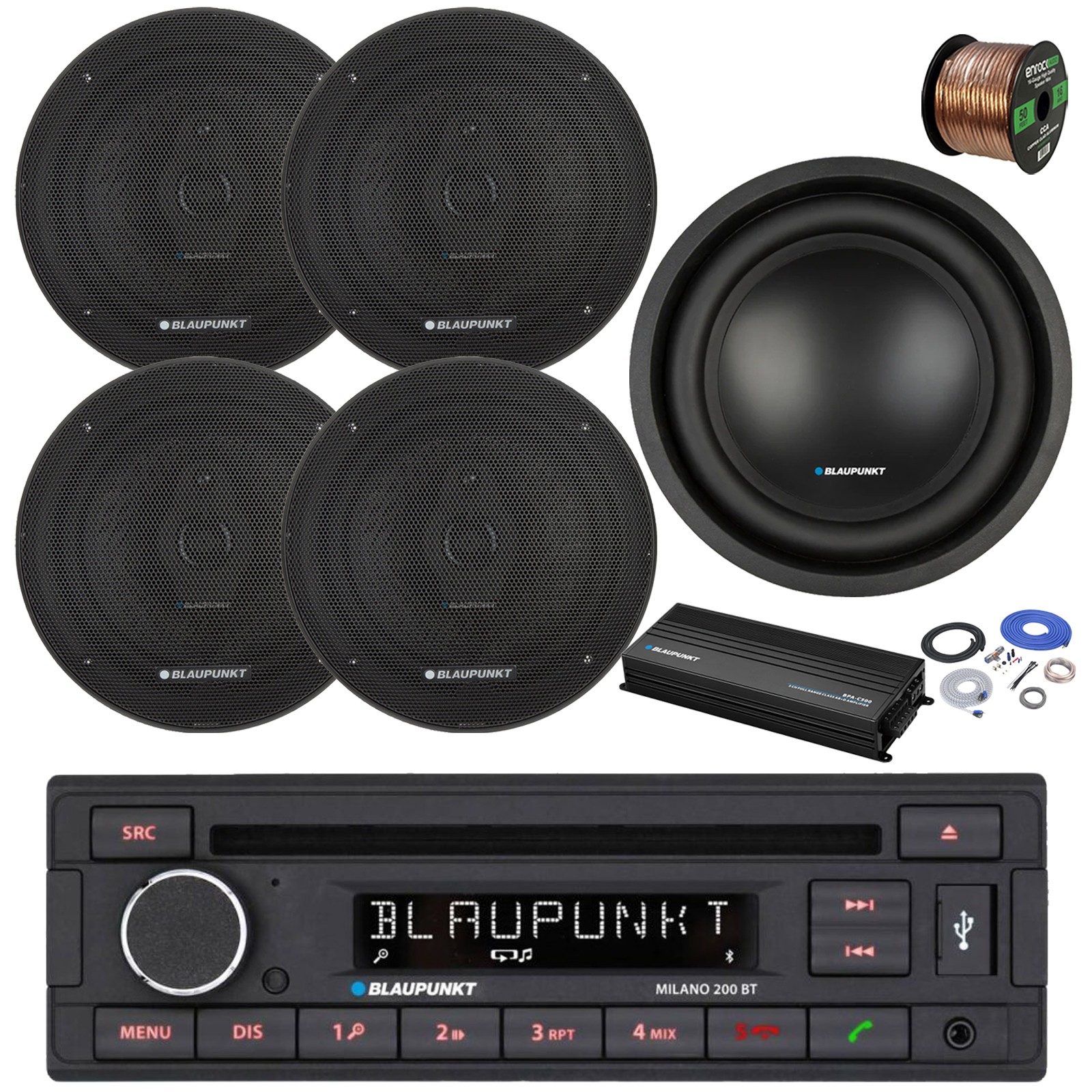 Blaupunkt BT AM/FM CD Receiver, 4x 6.5″ 70W Speakers, Amp w/Kit, 10″ Sub, Wire