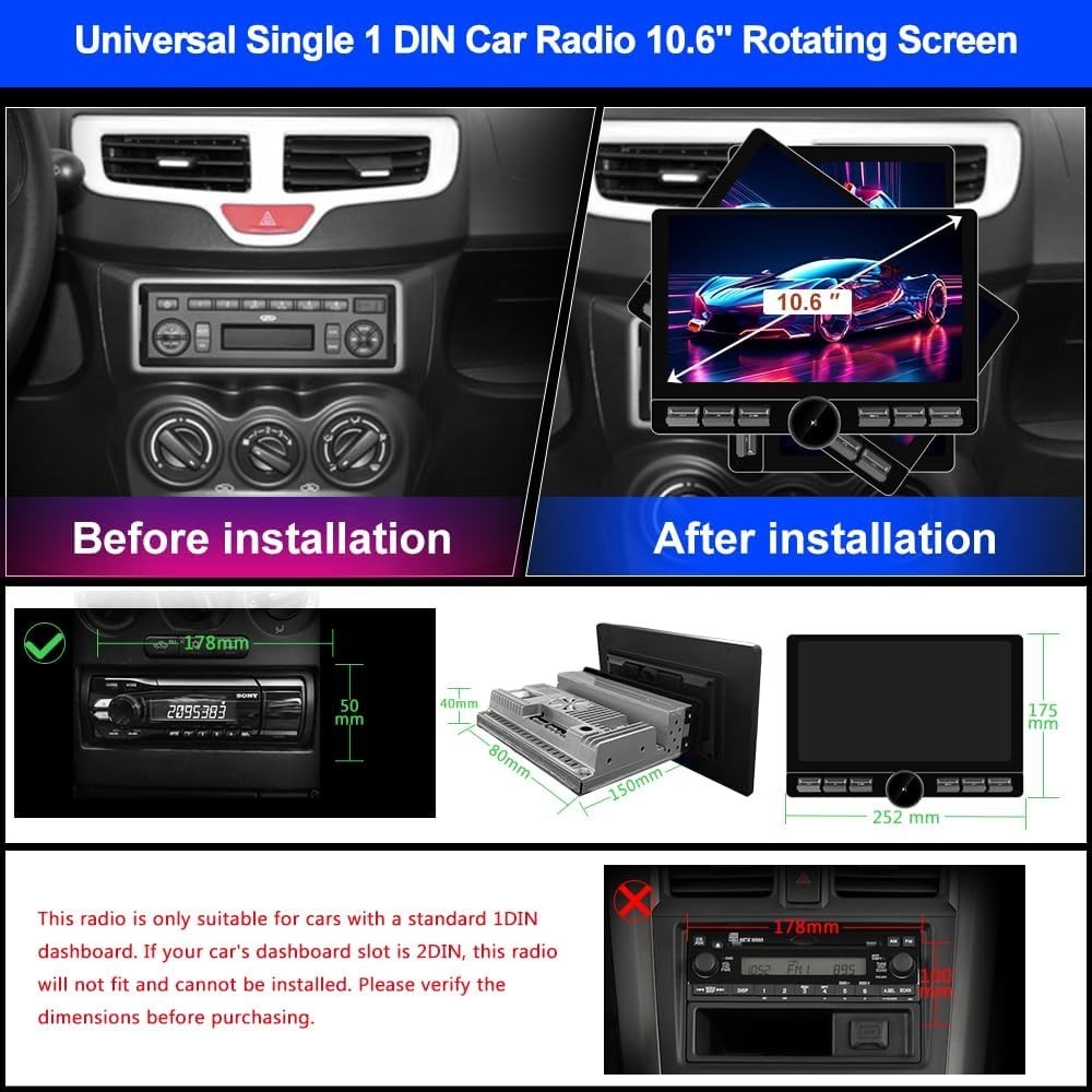 10.4″ Single 1DIN Wireless Apple CarPlay Car Stereo Rotatable Touch Screen Radio