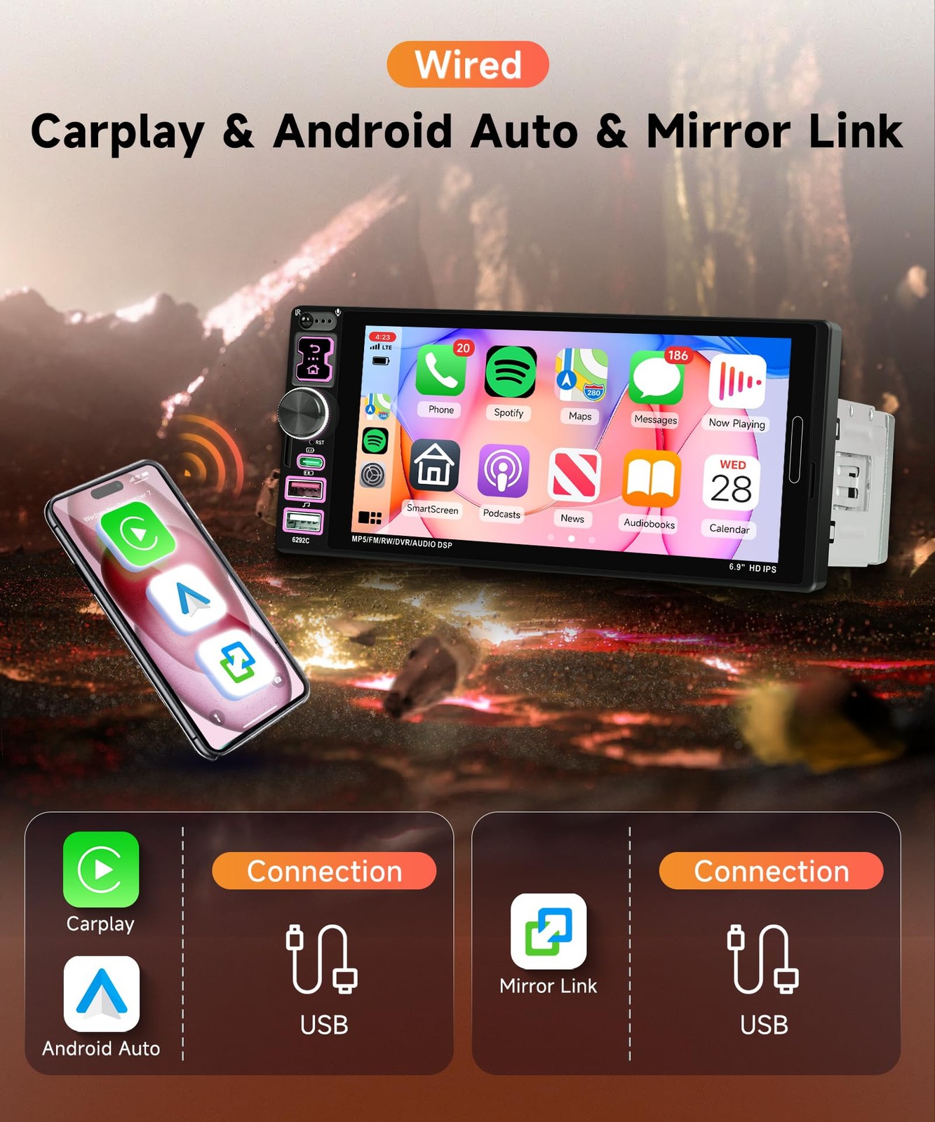 6.9 inch Single Din Car Stereo Wired Carplay Android Auto Car Radio with Blue…