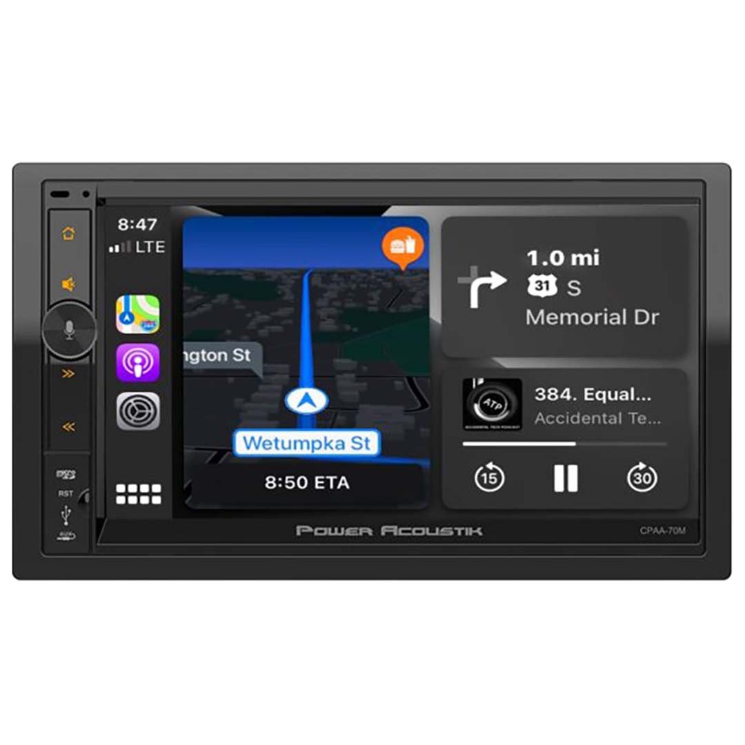 POWER ACOUSTIK 7″ LCD DOUBLE-DIN RECEIVER w/WIRELESS APPLE CARPLAY, ANDROID AUTO