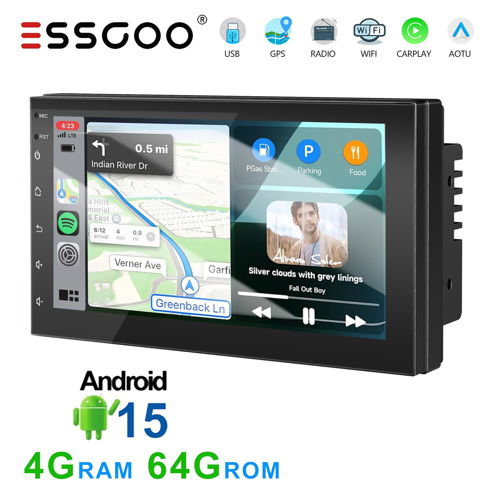 Double 2 DIN Android 15 4+64G Car Stereo Radio GPS Nav WIFI RDS 7″ Apple Carplay