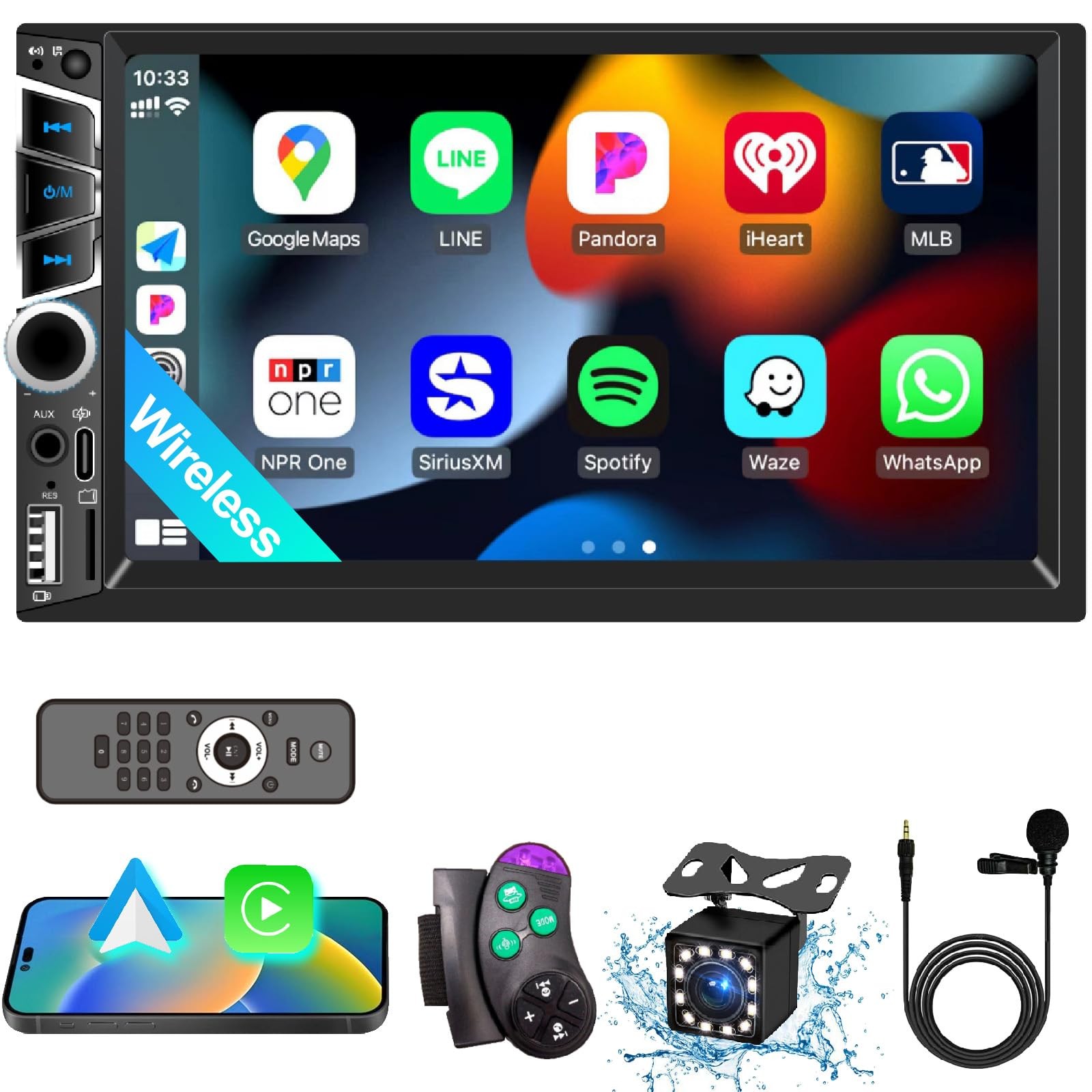 7″ Double Din Car Stereo with Wireless Apple CarPlay,Car Radio Build-in Bluet…
