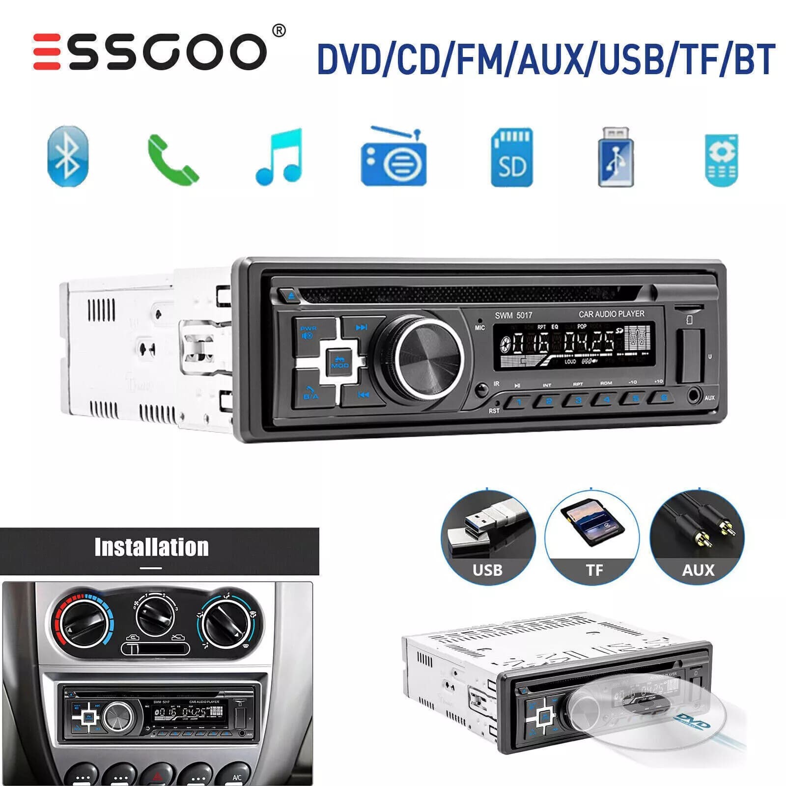 ESSGOO Car Stereo DVD CD Bluetooth Radio Handsfree SD USB AUX FM MP3 Player 1DIN