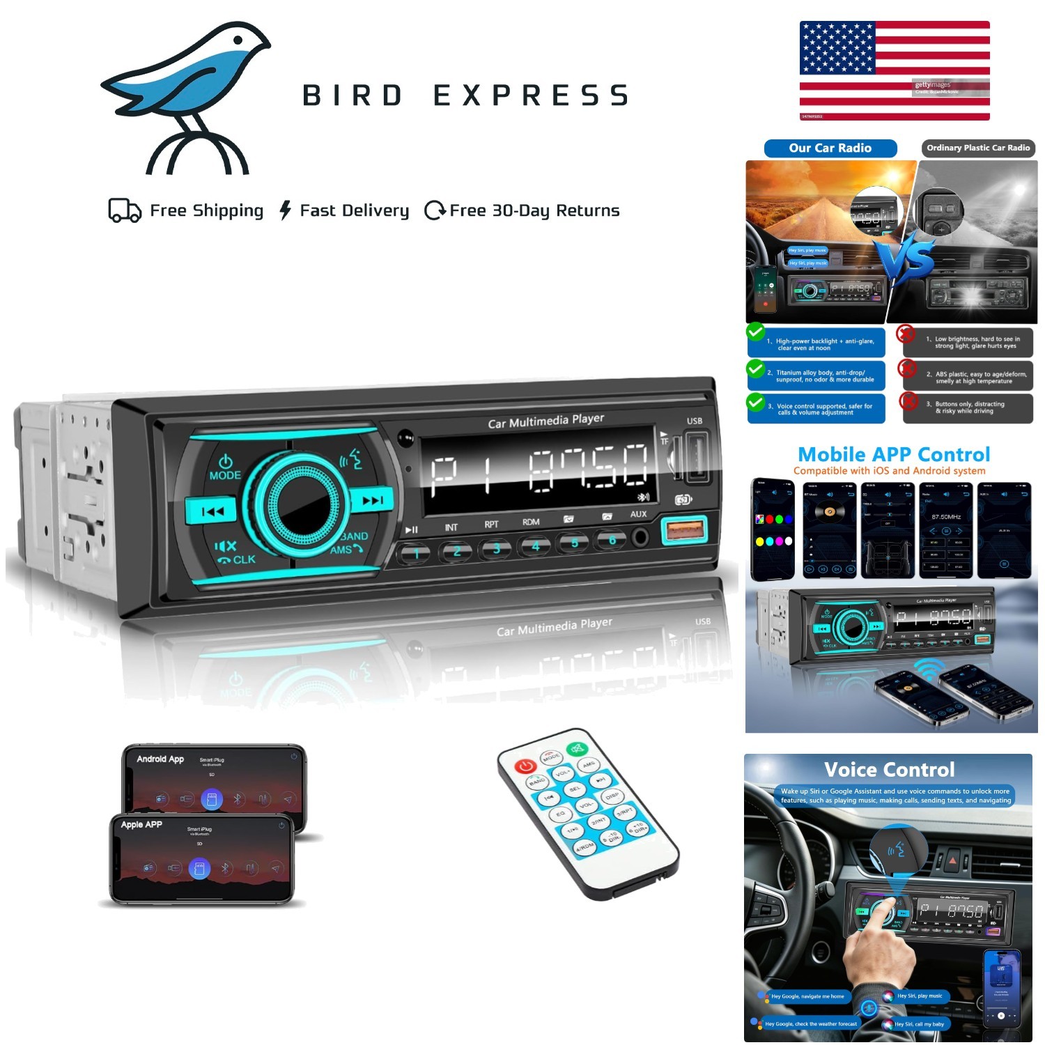 Bluetooth Car Stereo Radio with FM/AUX/SD, Dual USB, App Control, 7 LED Colors