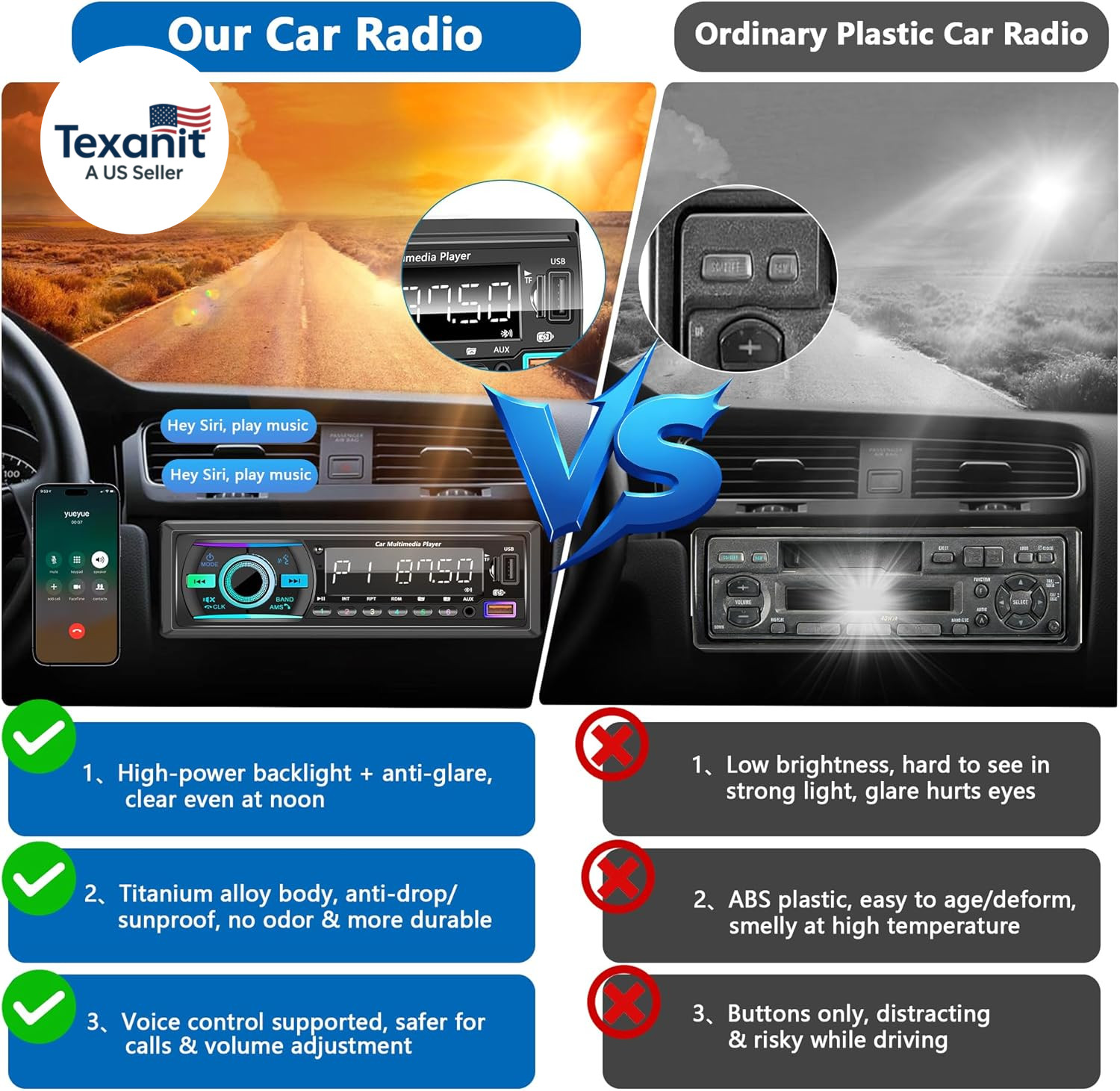 Car Stereo Bluetooth Single Din Radio, Car Audio with Push to Talk Assistant, Ha