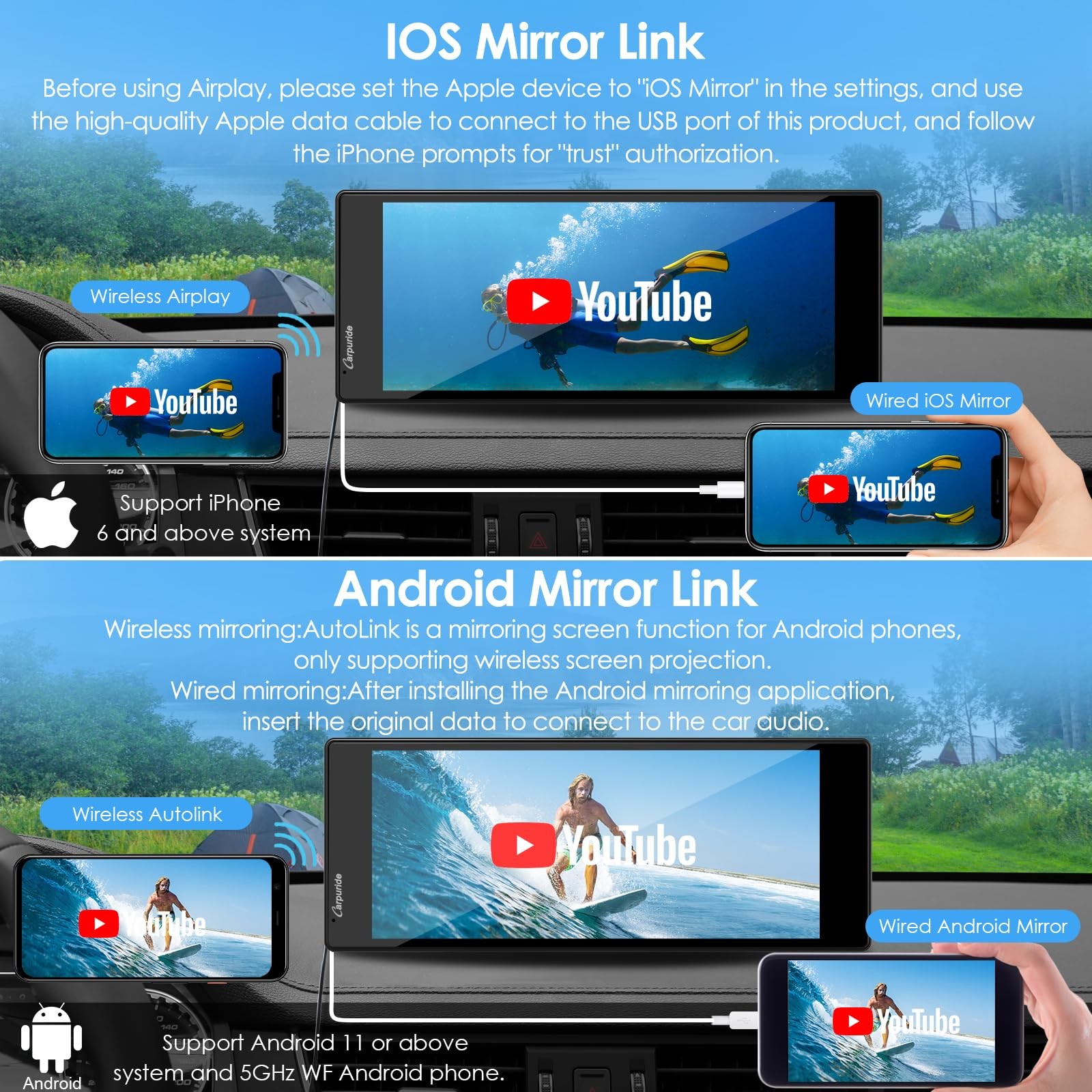 CARPURIDE 10.26 Inch Wireless/Wired Apple CarPlay, Android Auto and Mirror Li…