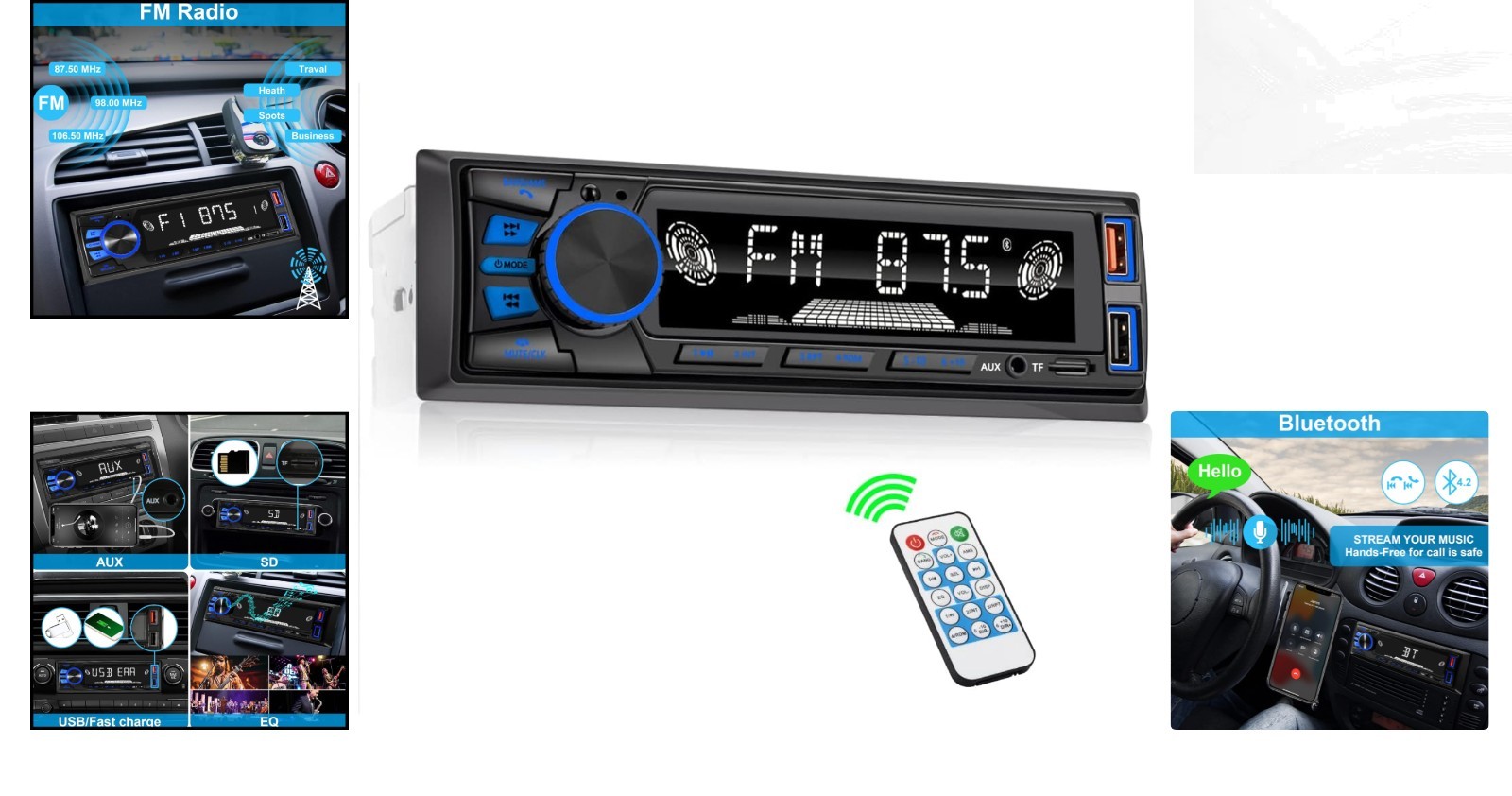 Compact Bluetooth Car Stereo with Integrated FM/MP3/USB, Remote Control Included