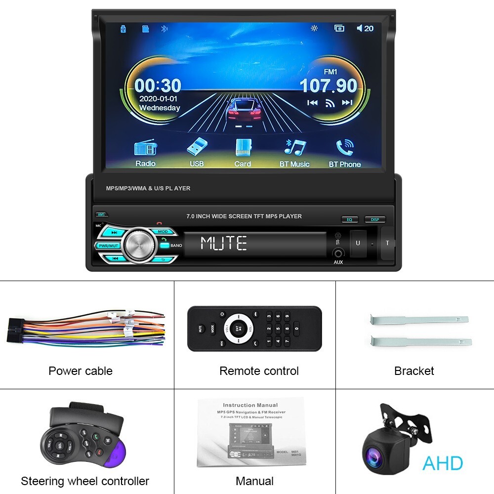 7″ Retractable Car MP5 Player with CarPlay, Android Auto 720P AHD Backup Camera