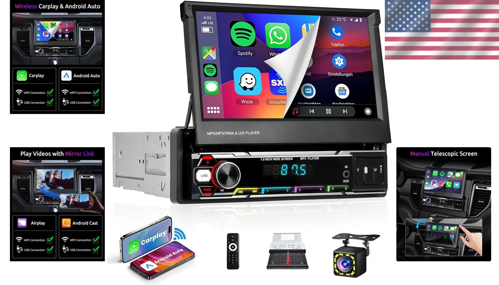 Wireless Carplay Android Auto 7 Inch Single Din Touchscreen Car Stereo Blueto…