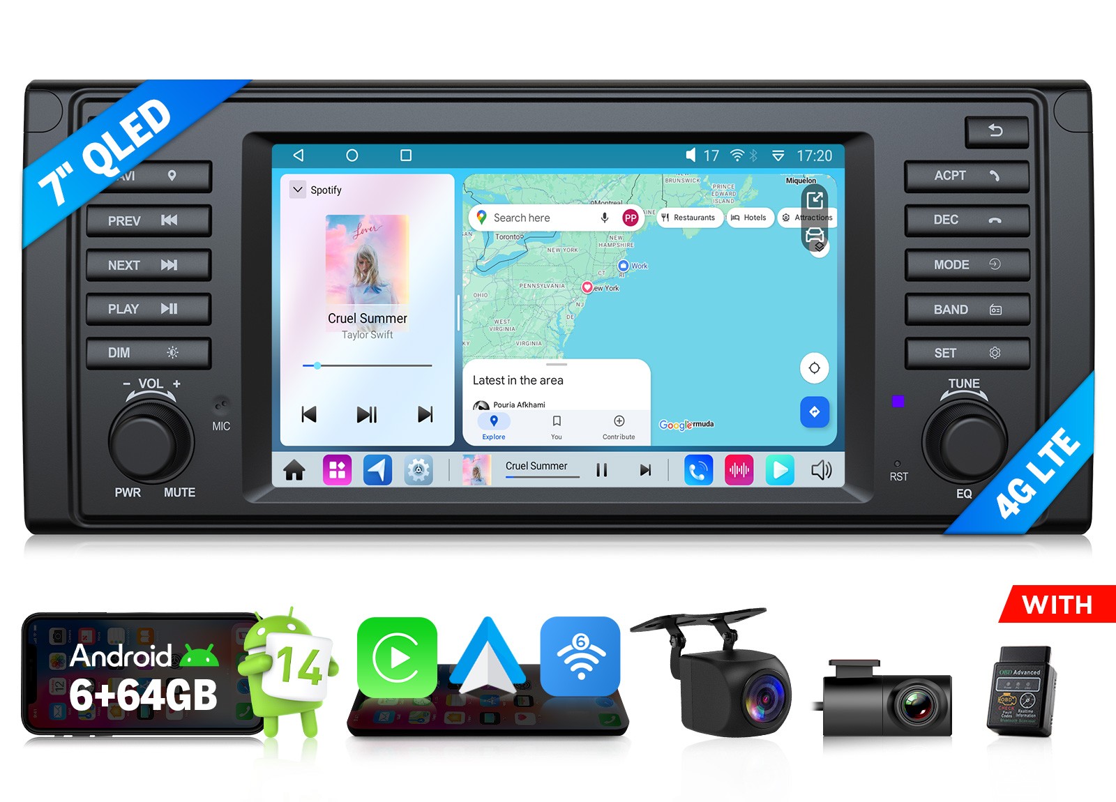 7″ Android 14 6+64GB Car GPS Stereo Radio CarPlay Head Unit DSP for BMW E39 540i