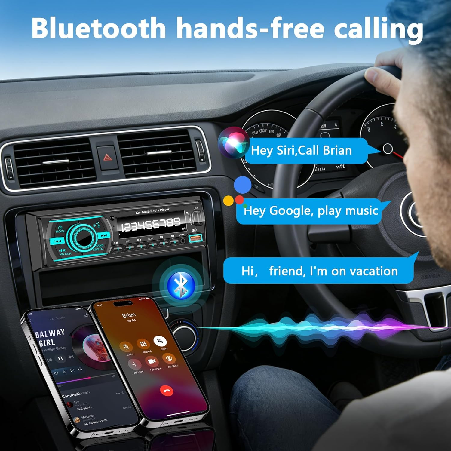 Car Stereo Bluetooth Single Din Radio, Car Audio with Push to Talk Assistant, Ha