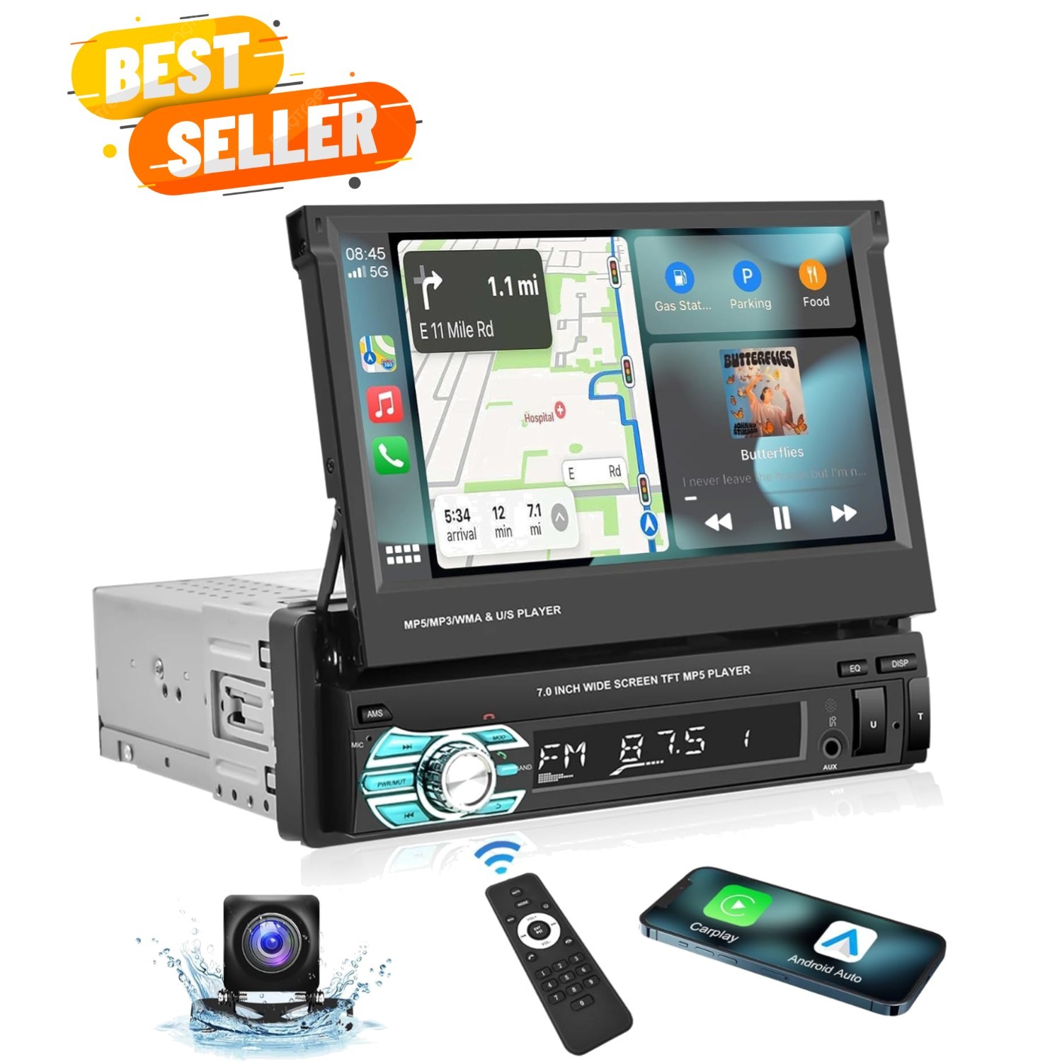 Single Din Carplay Car Stereo with Bluetooth AHD Backup Camera, 7 Inch flip O…