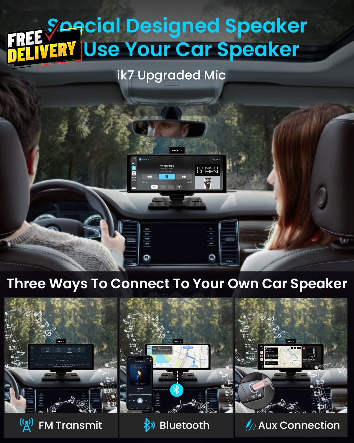 10″ Portable CarPlay Screen Wireless Android Auto 4K Dash Cam Backup Camera