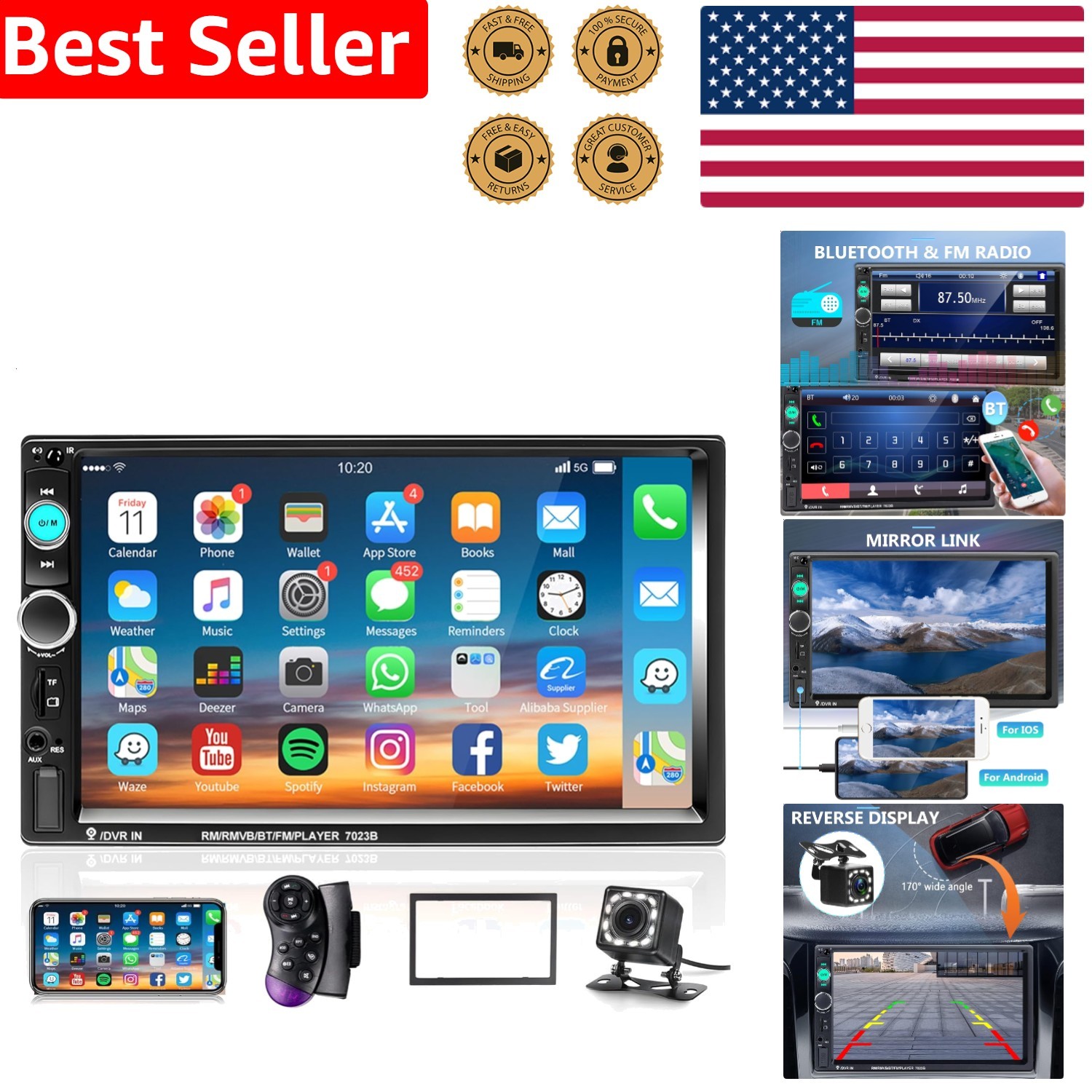 7 Inch Double Din Car Stereo MP5 Player HD Touchscreen Bluetooth Backup Camera