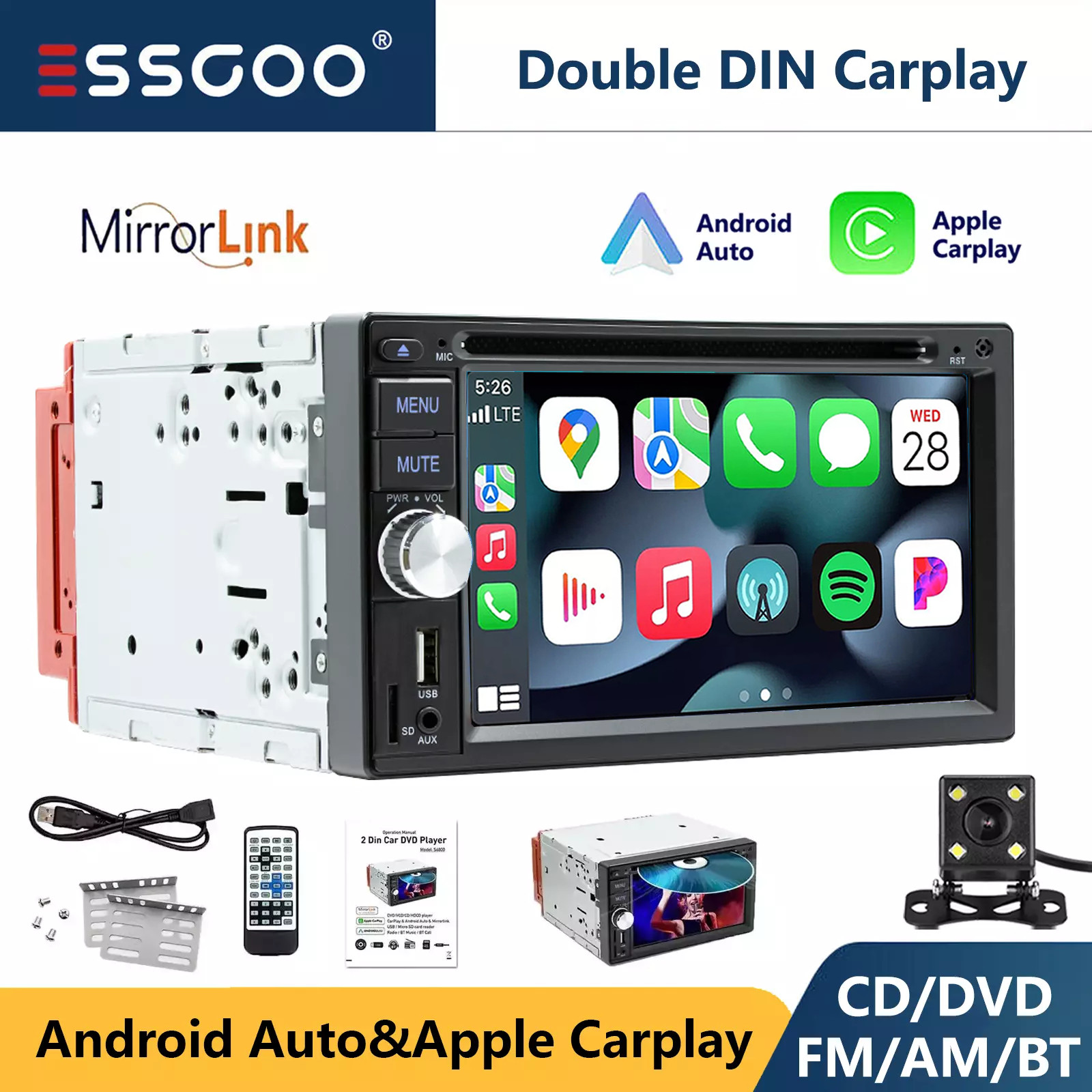 2 DIN Apple Carplay Stereo CD DVD Player Android Auto FM Radio Bluetooth Camera
