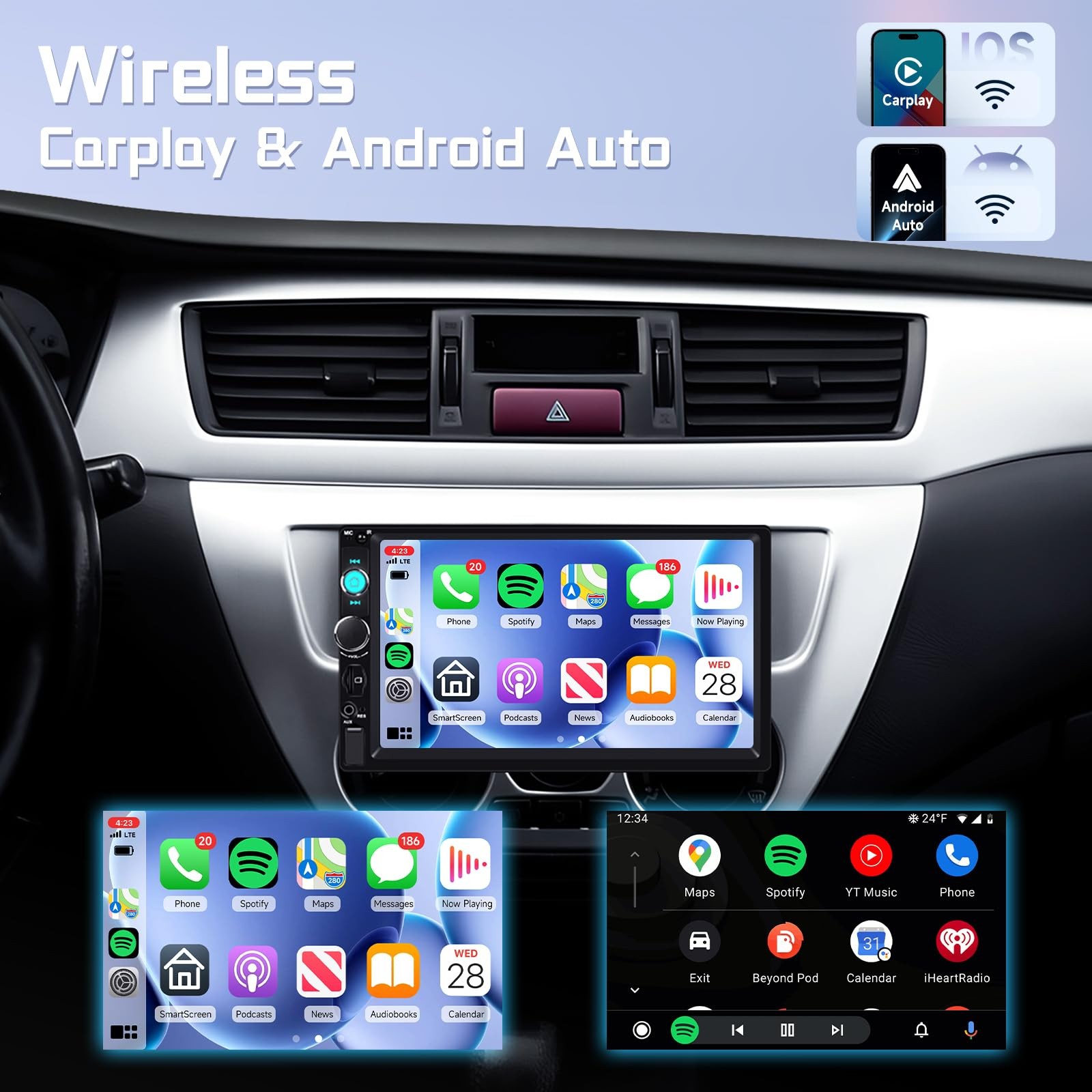 7 Inch Single Din Car Stereo MP5 Multimedia Player with Wireless Carplay Andr…