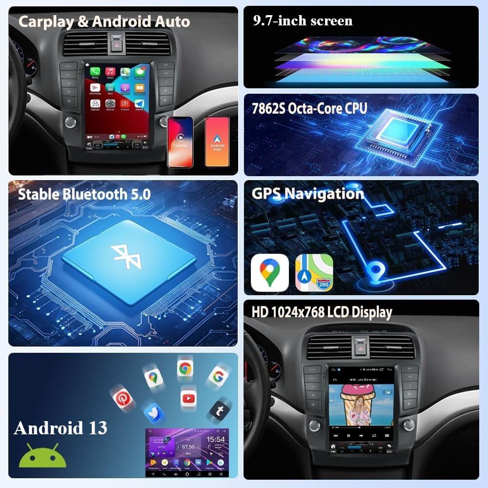 9.7” 6+128GB Android Car Radio Stereo Carplay GPS Navi For Acura TSX 2004-2008