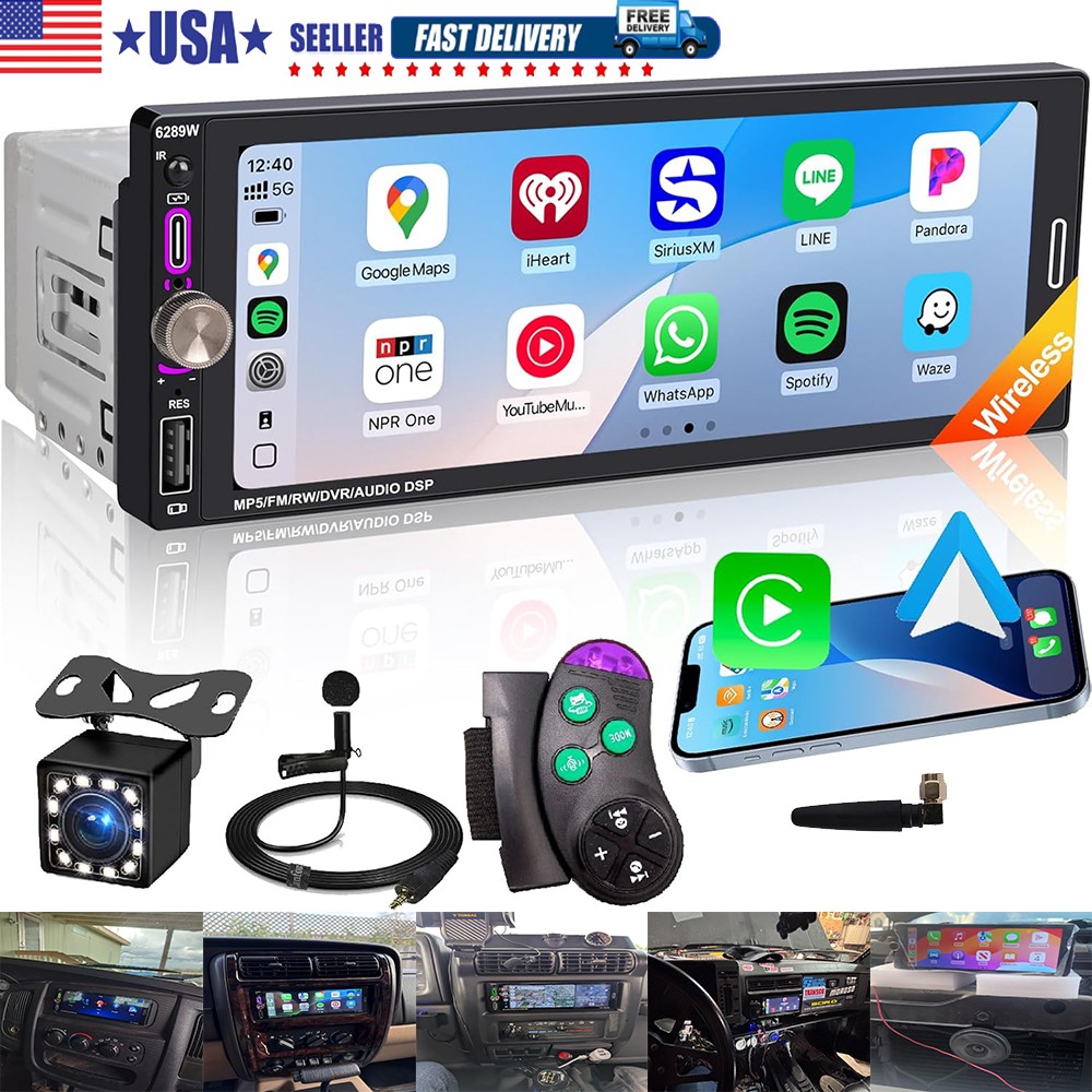 Single 1 Din Car Stereo Apple CarPlay 6.9” touchscreen Bluetooth Radio SWC USB