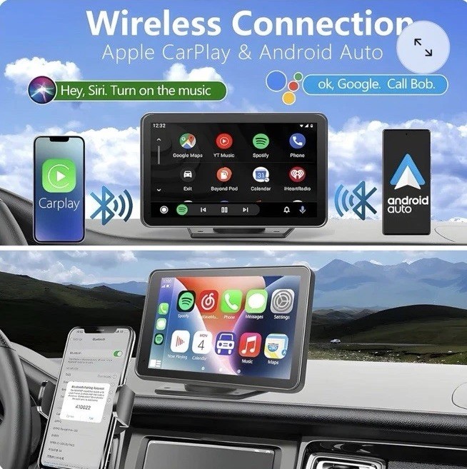 Hieha Wireless Carplay 7″ HD Portable Touchscreen Car Stereo w/Apple & Android