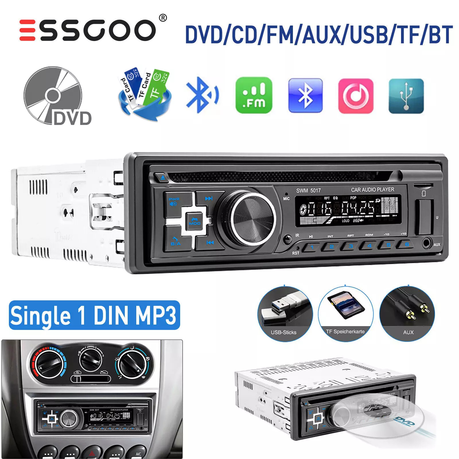 Single 1 Din Car Stereo Radio CD DVD Radio Bluetooth USB SD AUX Audio MP3 FM AM