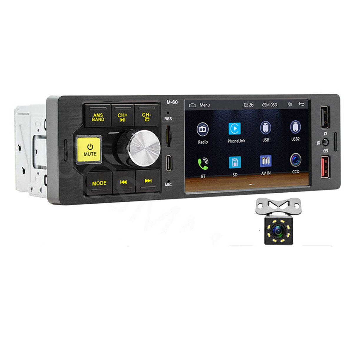 1Din 4.1in Car Stereo Player Bluetooth AUX USB FM Radio Android Auto W/Camera