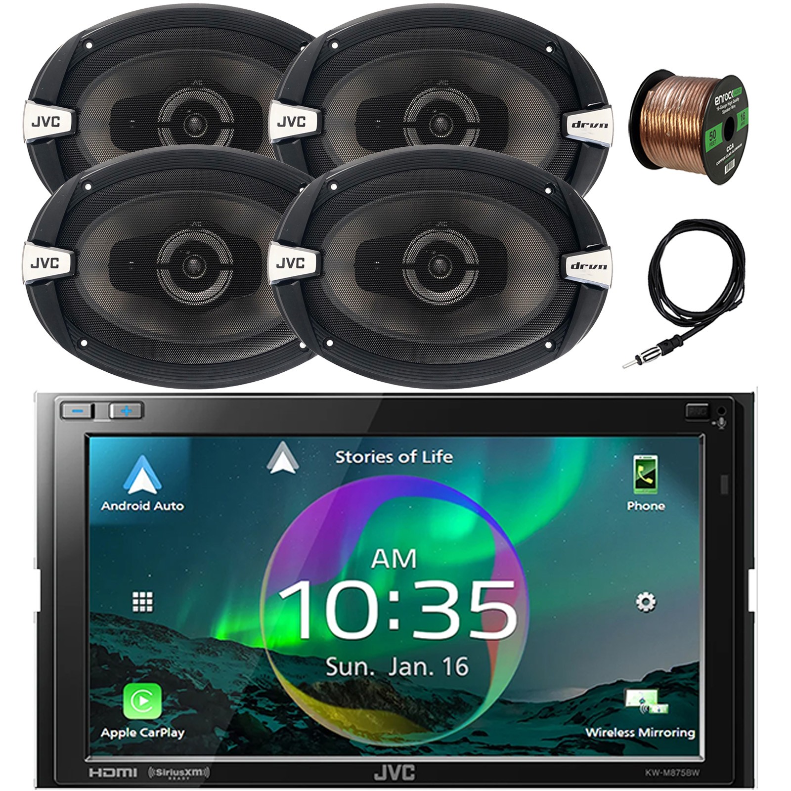JVC 6.8″ Touchscreen HDMI/WiFi Car Receiver, 4x 6×9″ 500W Speaker, Antenna, Wire