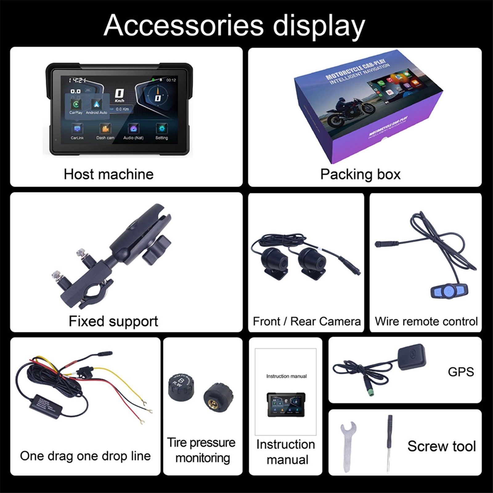 Touch Screen Motorcycles Navigator GPS with camera DVR&TPMS 7″ Wireless CarPlay