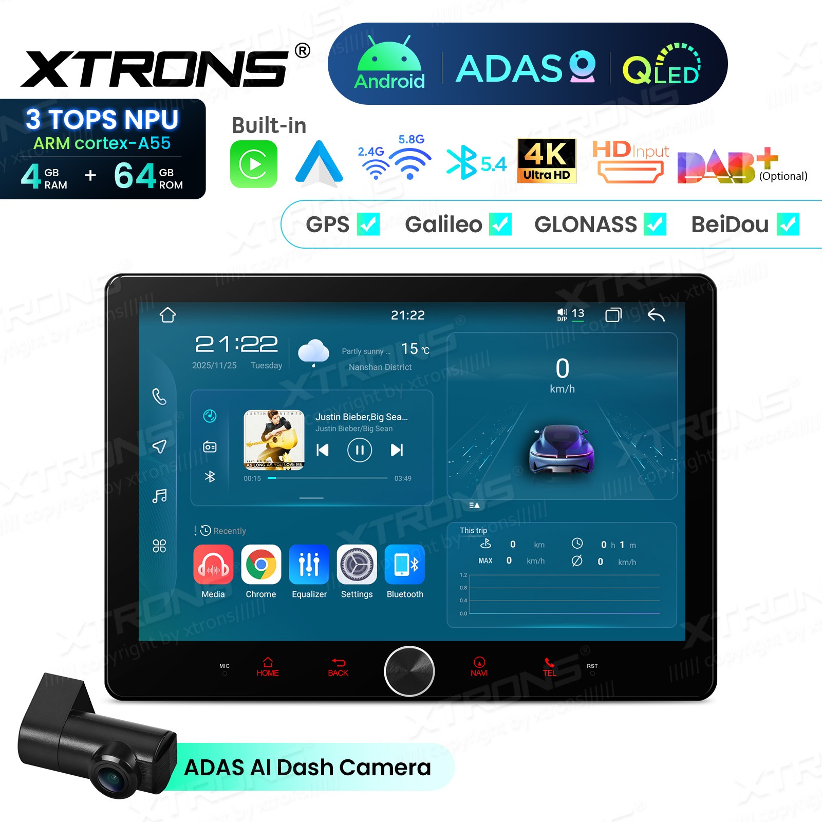 10.1″ QLED 2 DIN AI NPU Android 14 Car Radio Stereo 4+64G CarPlay ADAS Dash CAM