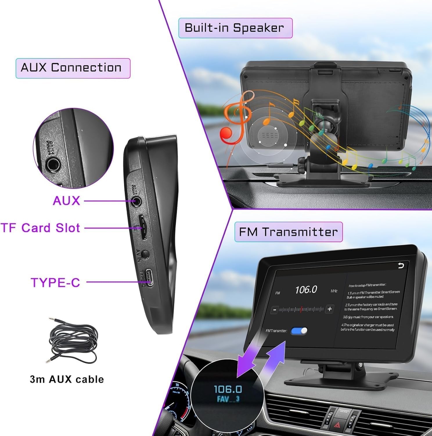 Wireless Carplay Screen Dash Mount 7 Inch Touchscreen Car Stereo Android GPS AUX