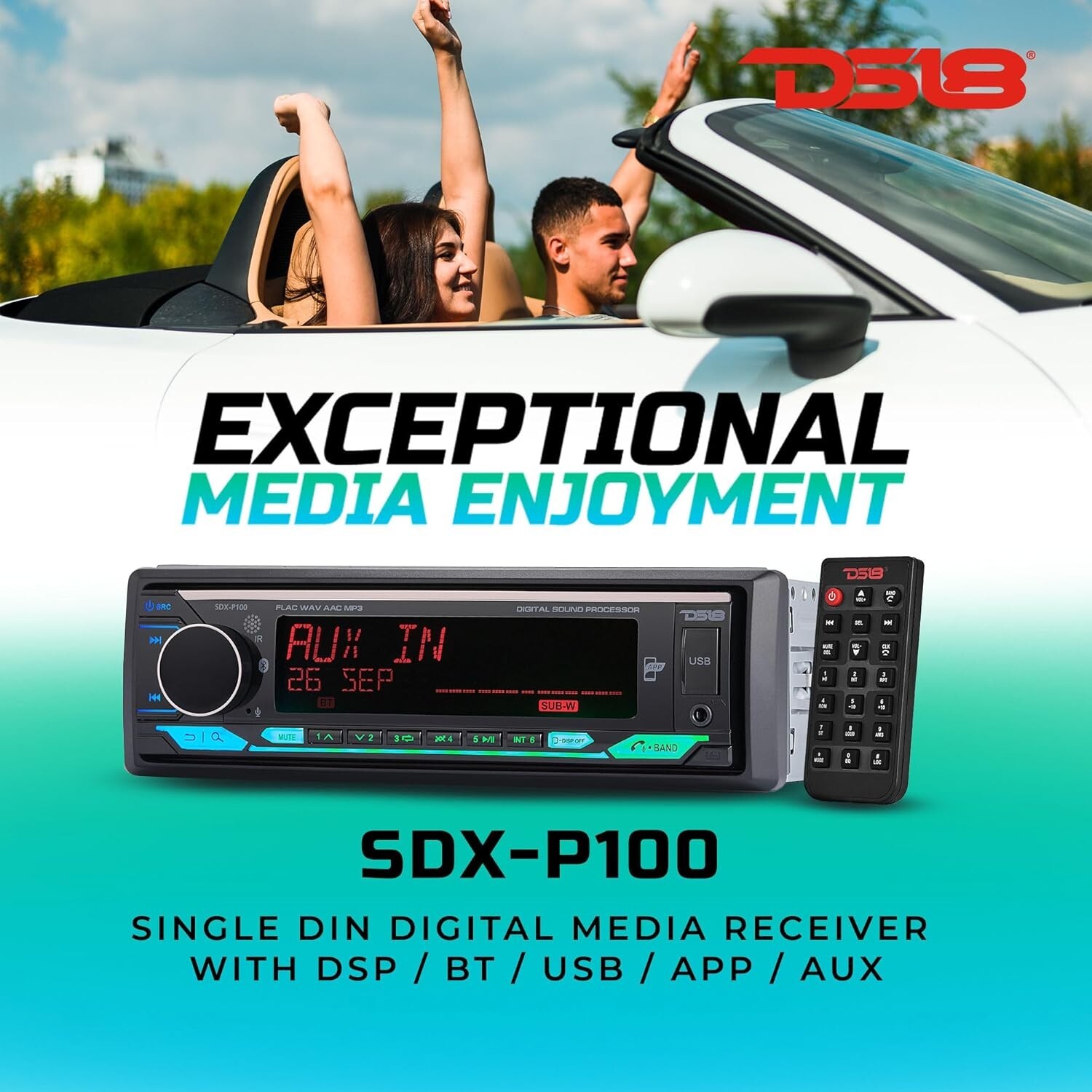 DS18 Single-Din Car Stereo Receiver Built-in DSP EQ Bluetooth Sub Out SDX-P100