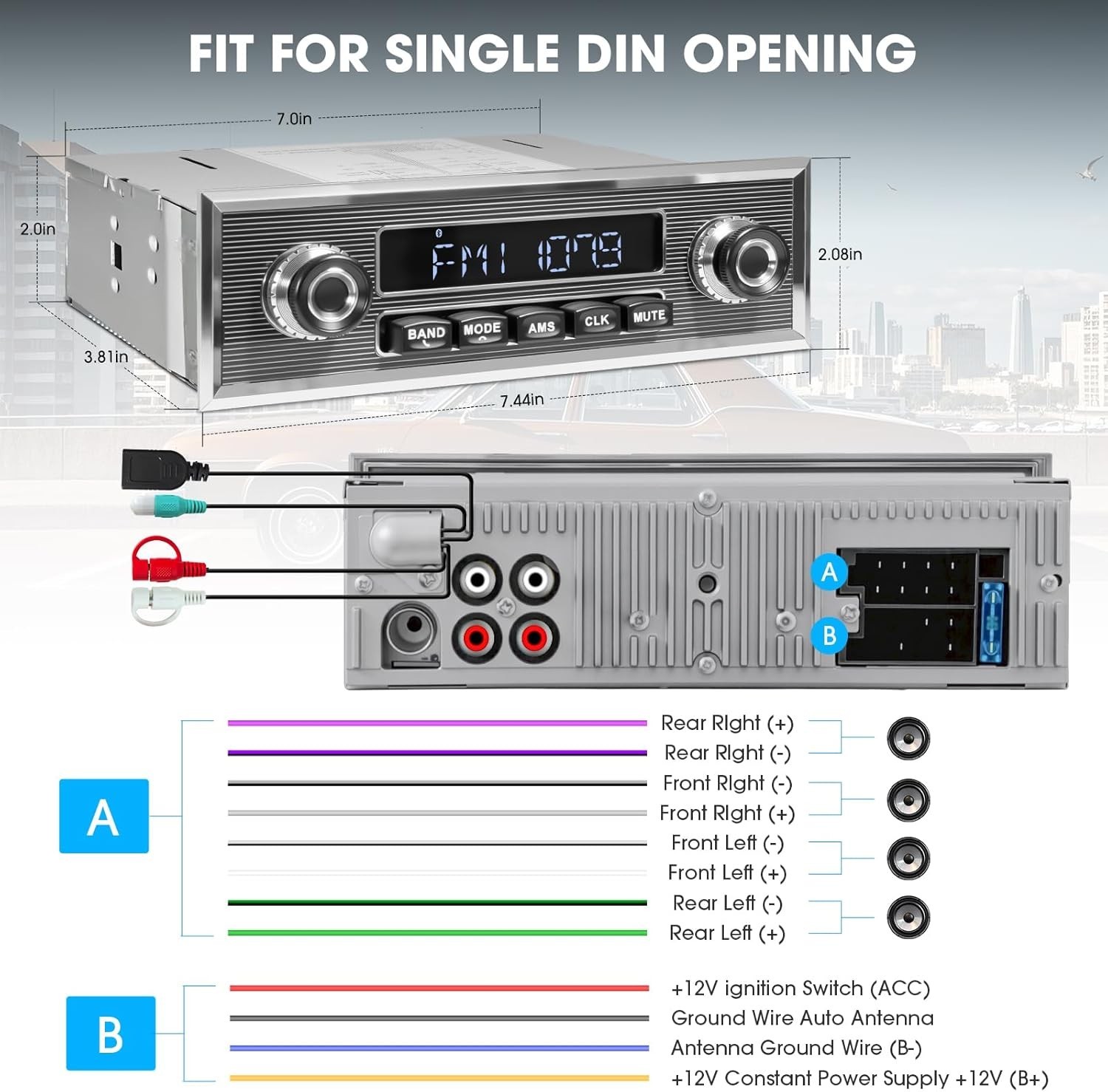 Vintage Bluetooth Car Radio with Subwoofer Output