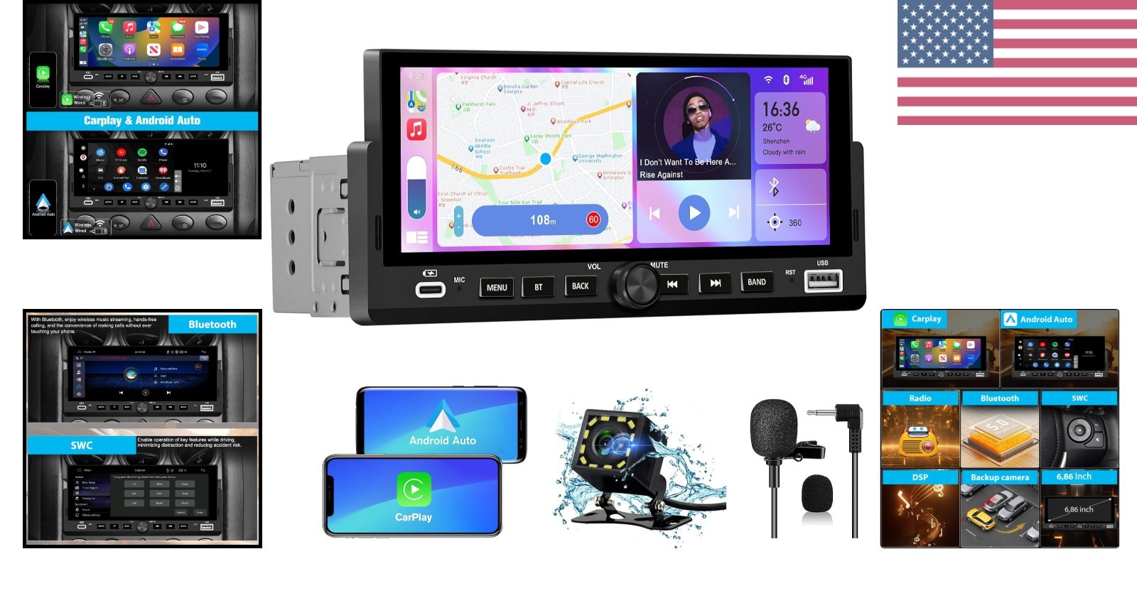 Single Din Car Stereo, 6.86 Inch CarPlay & Android Auto HD IPS Touchscreen Ra…