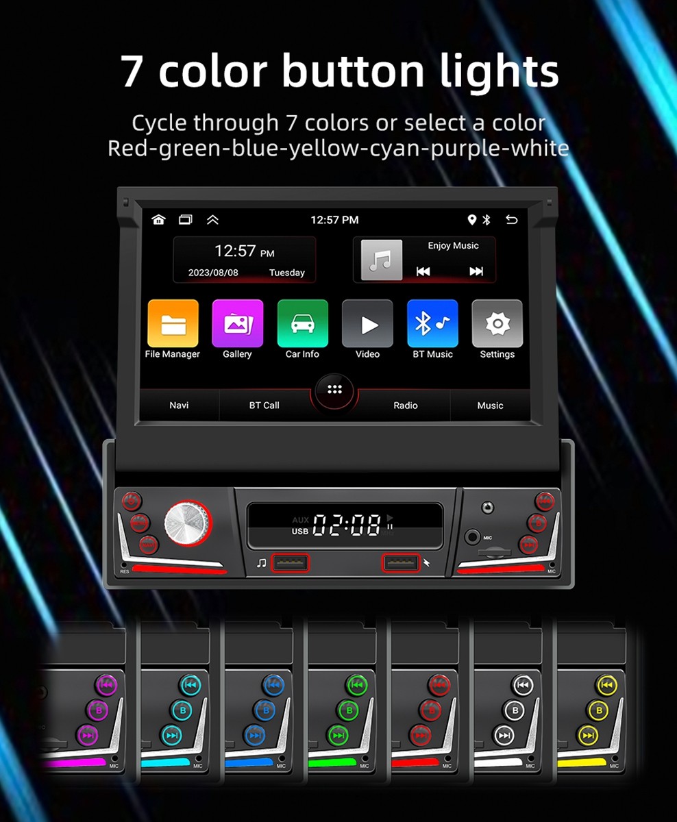 7” Single Din Android 15 Retractable Screen Car Radio GPS WIFI Carplay + Remote